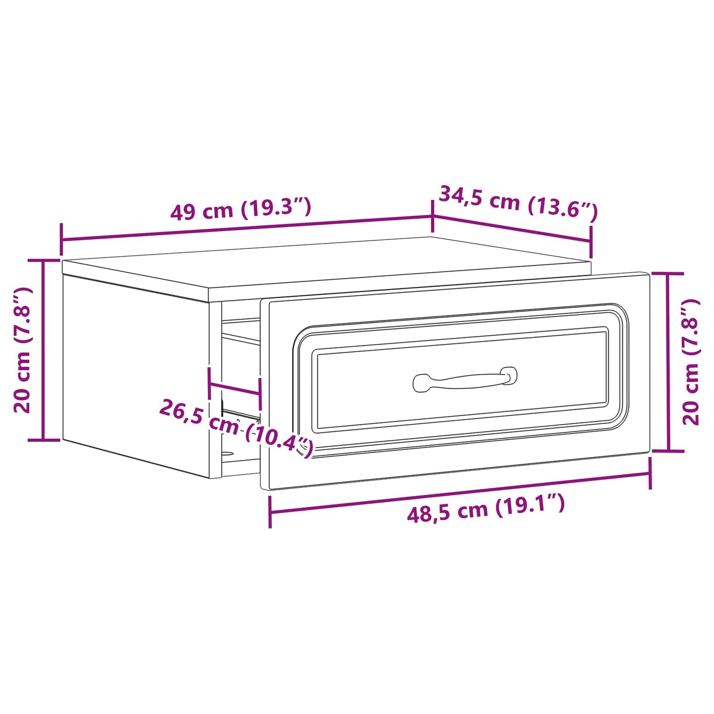 Vegghengt Nattbord med skuff 2 pcs Sonoma eik 49 x 34,5 x 20 cm