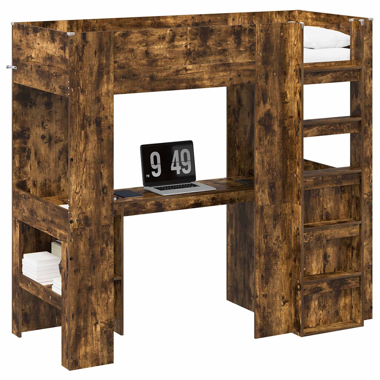 Loft seng ramme med skrivebord med lagring Røkt eik 75 x 190 cm
