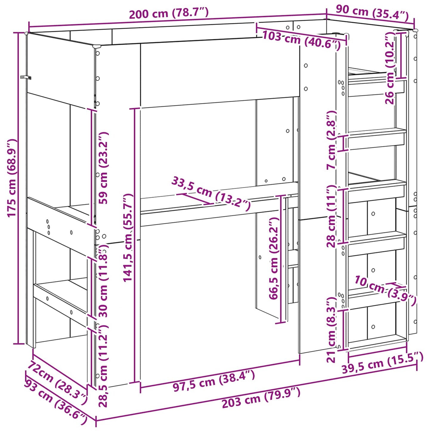 Loft seng ramme med skrivebord med lagring Røkt eik 90 x 200 cm