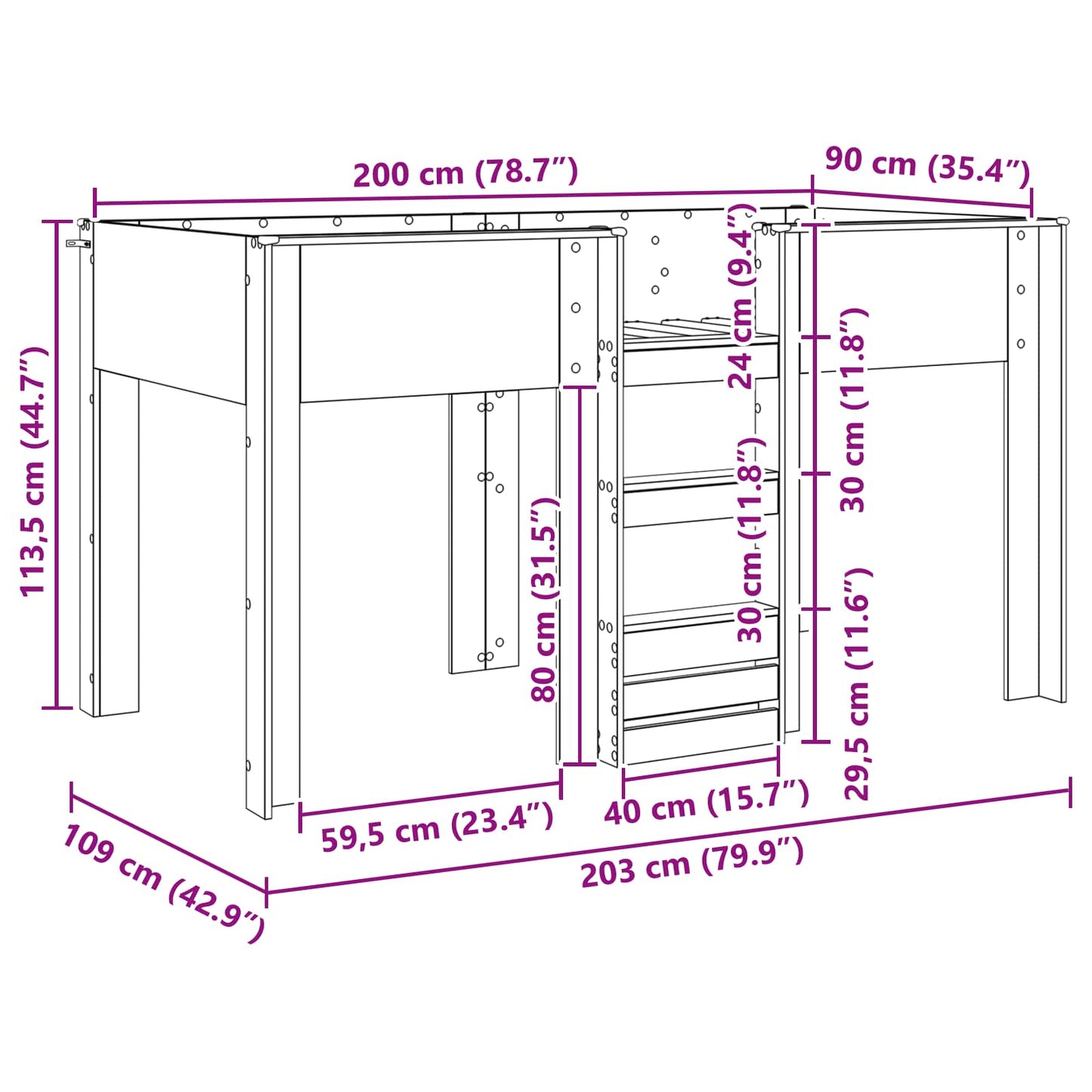 Køyeseng for Barn Svart Eik 90 x 200 cm Konstruert tre