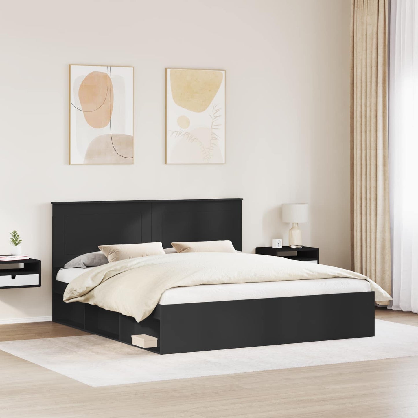Sengestamme med hodegjerde Svart 200 x 200 cm Massiv furu