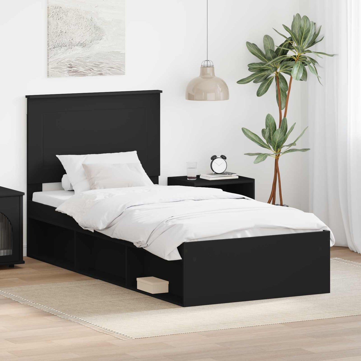 Sengestamme med hodegjerde Svart 90 x 200 cm Massiv furu
