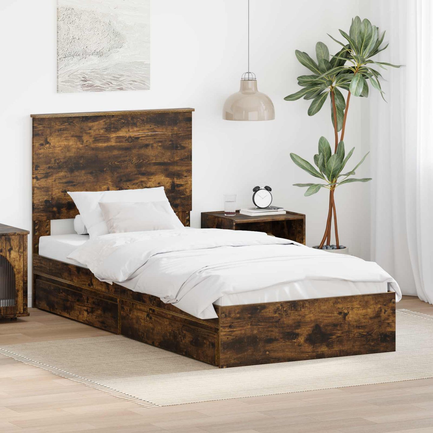 Seng med Oppbevaring Røkt eik 90 x 200 cm Konstruert tre
