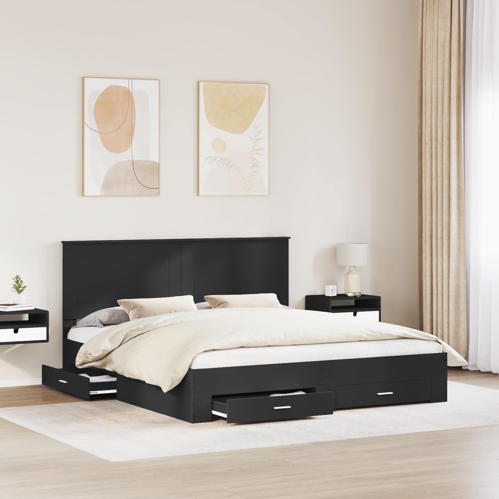 Sengestamme med skuff Svart og sølv 200 x 200 cm Konstruert tre