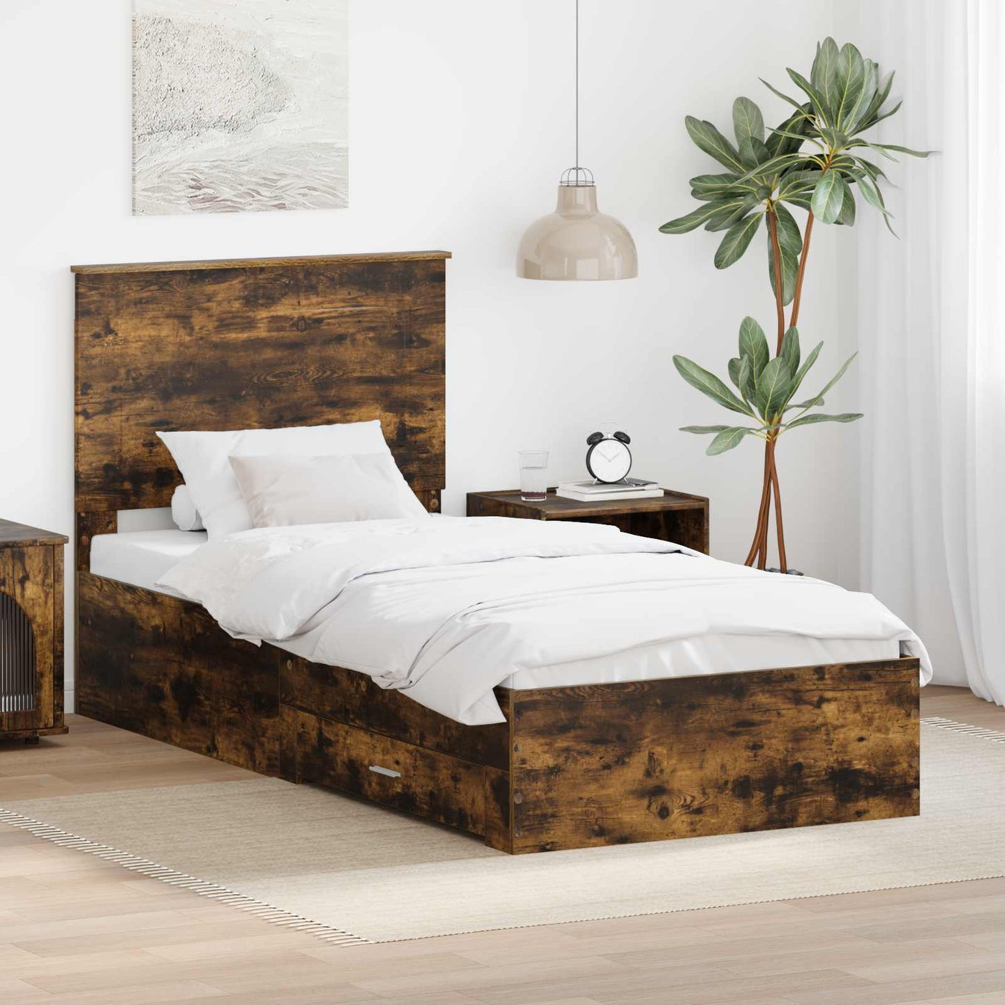 Sengestamme med hodegjerde Røkt eik 90 x 200 cm Konstruert tre