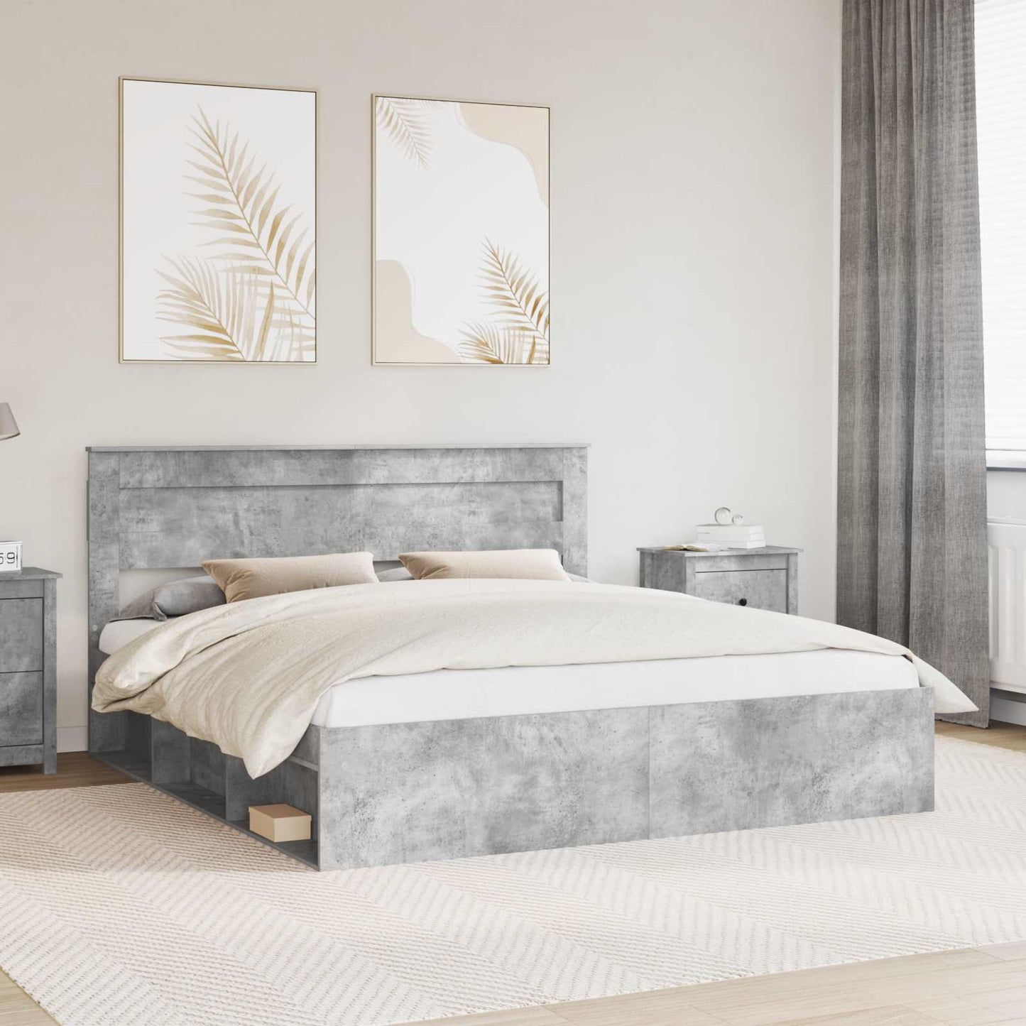 Sengestamme med hodegjerde Betong 180 x 200 cm Massiv furu