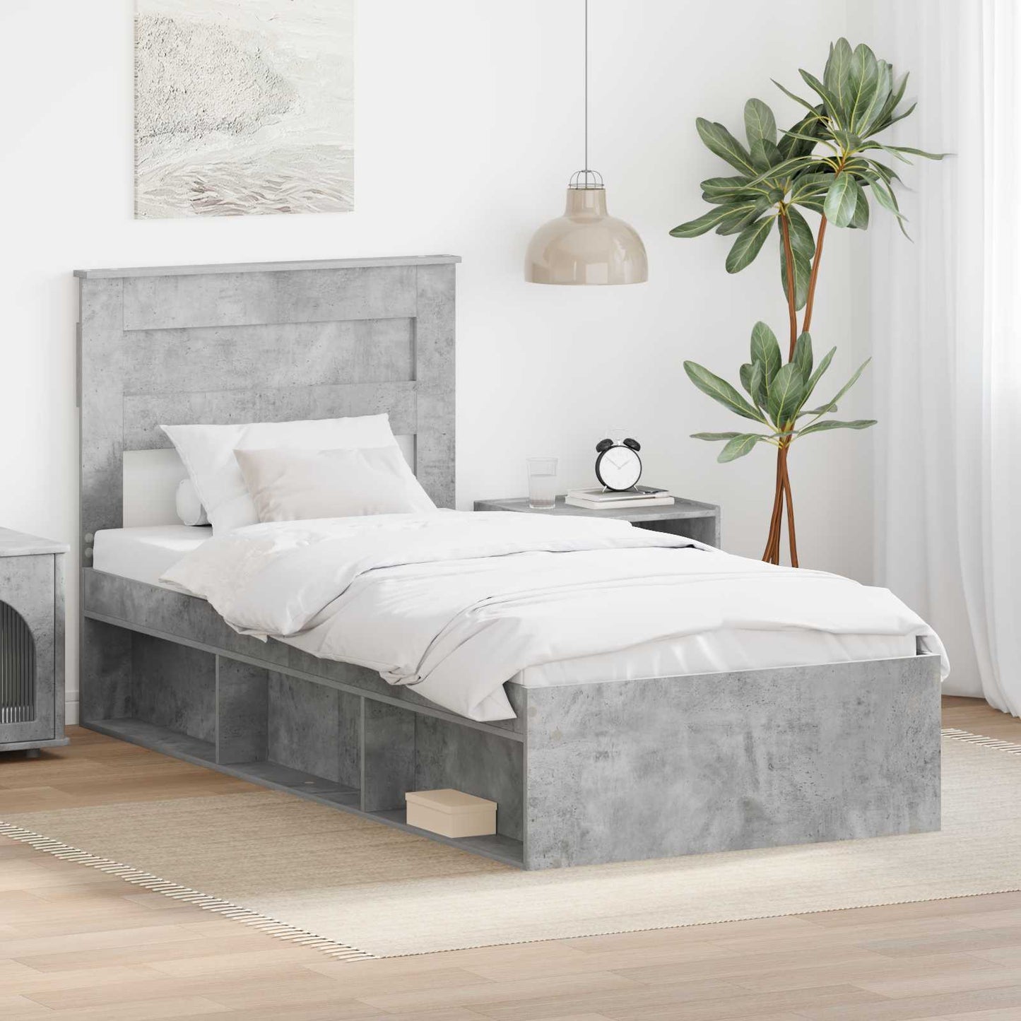 Sengestamme med hodegjerde Betong 90 x 200 cm Massiv furu