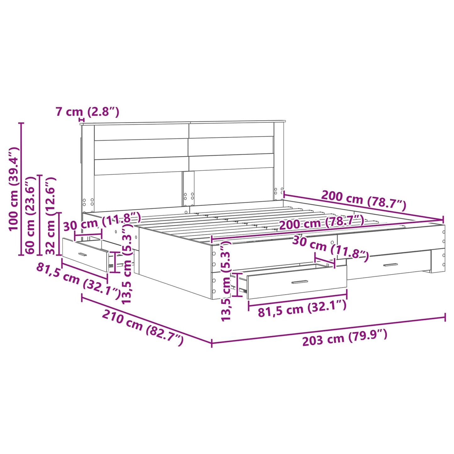 Sengestamme med skuff Betonggrå 200 x 200 cm Konstruert tre