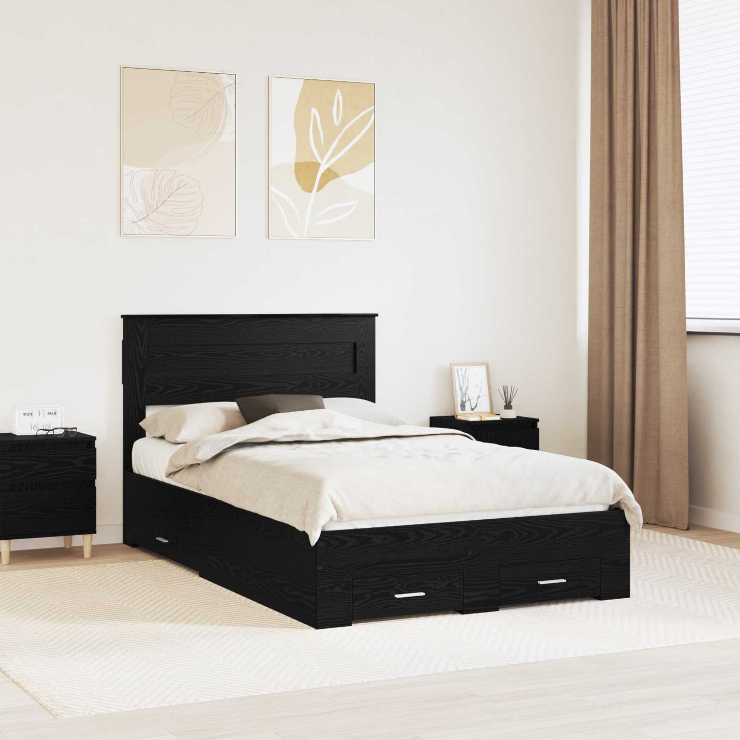 Sengestamme med skuff Svart Eik 135 x 190 cm Konstruert tre