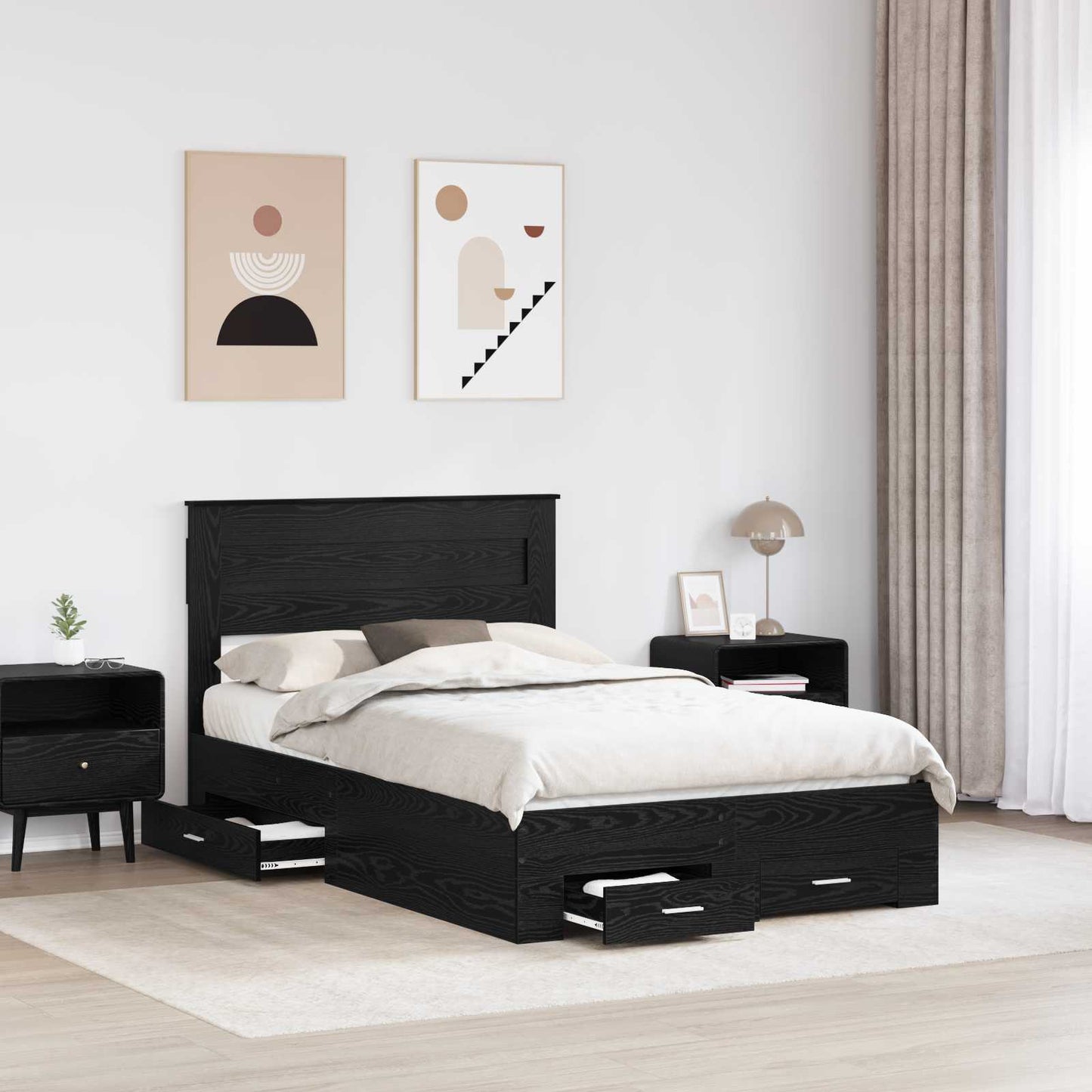 Sengestamme med skuff Svart Eik 135 x 190 cm Konstruert tre
