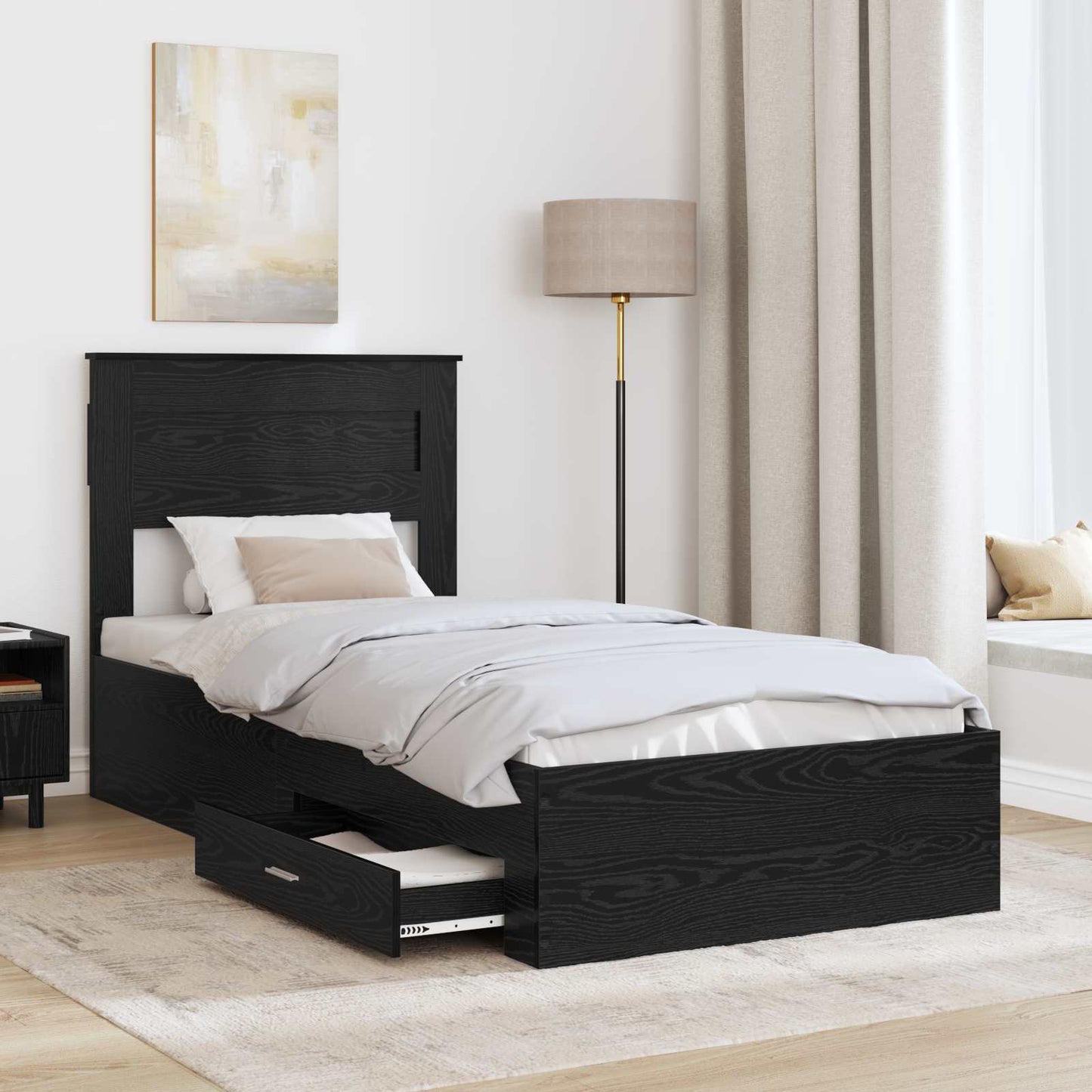Sengestamme med hodegjerde Svart Eik 90 x 190 cm Konstruert tre