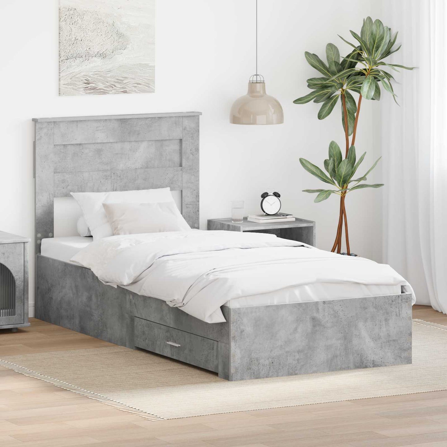 Sengestamme med hodegjerde Betonggrå 90 x 200 cm Konstruert tre