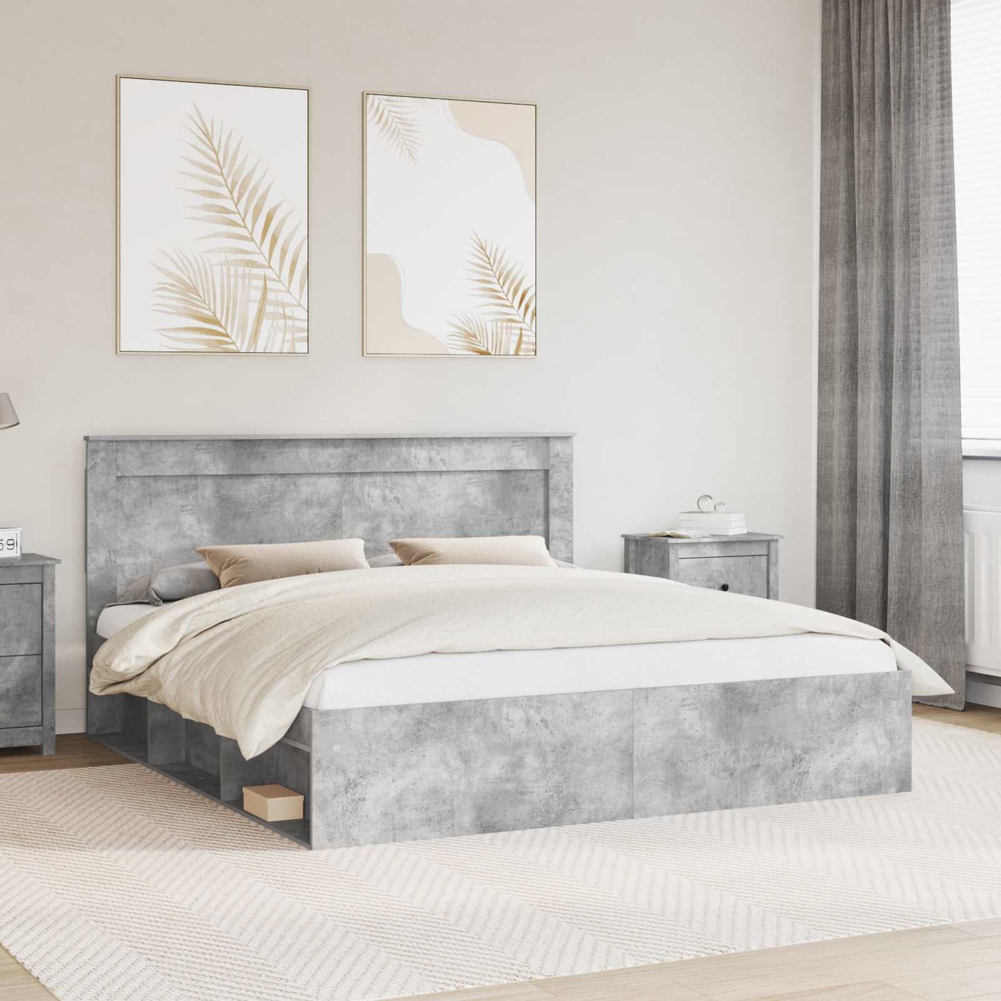 Sengestamme med hodegjerde Betong 180 x 200 cm Massiv furu