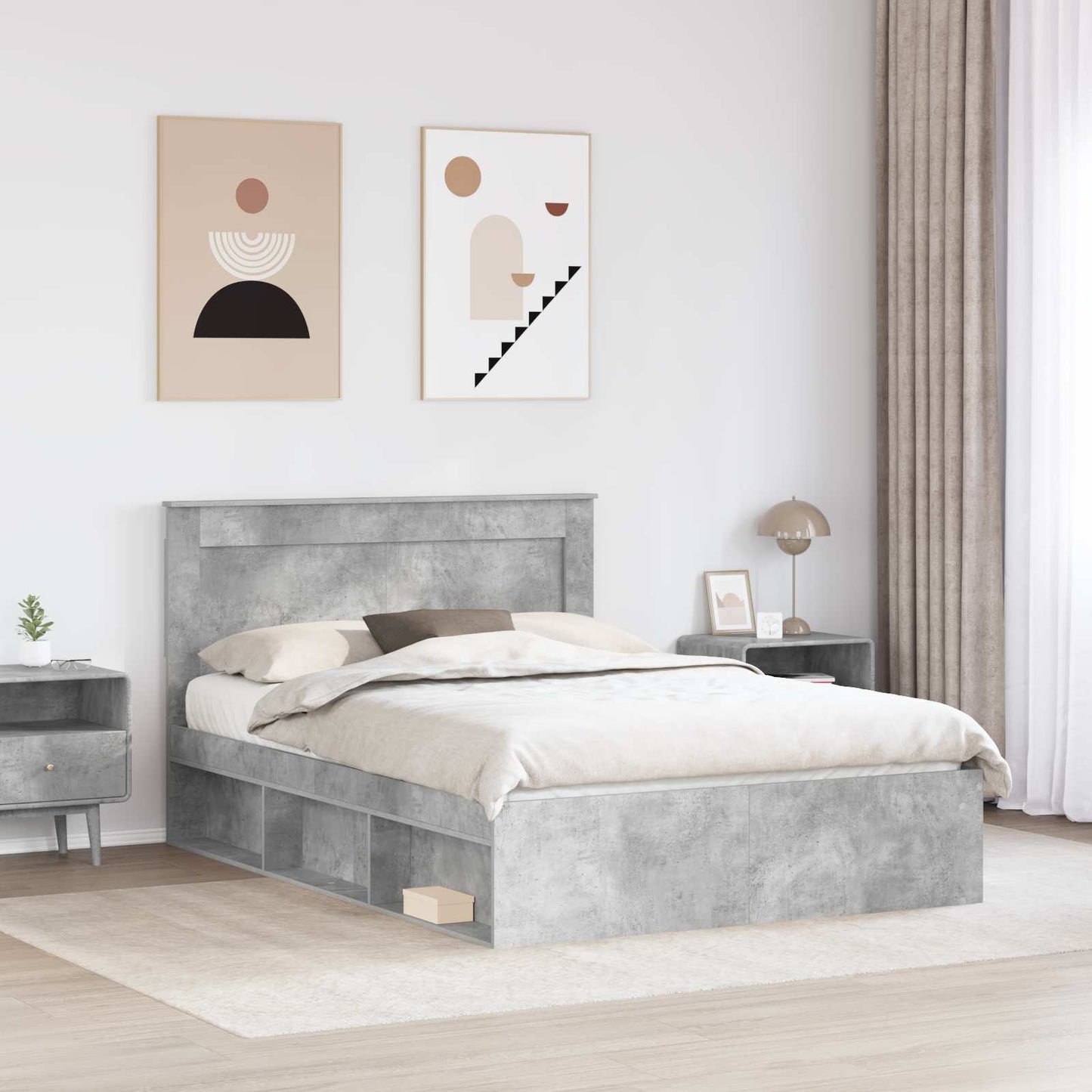 Sengestamme med hodegjerde Betong 140 x 190 cm Massiv furu