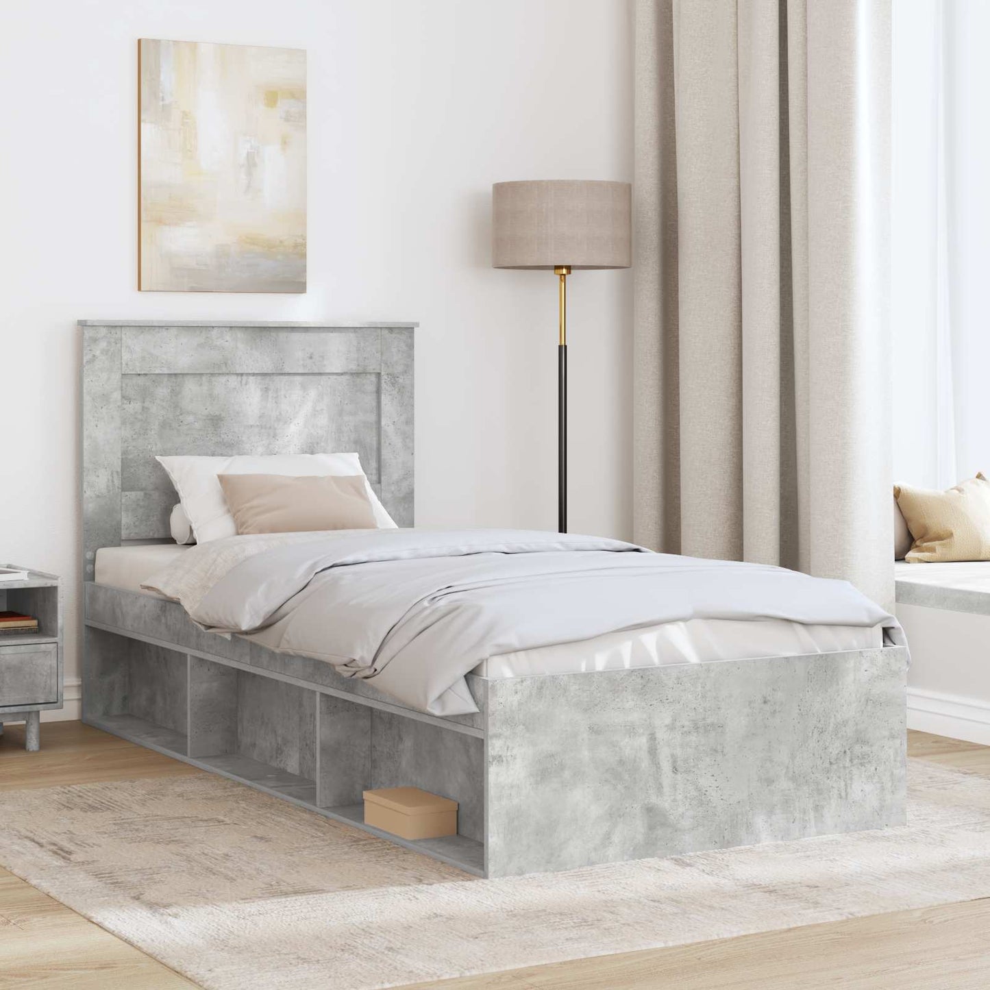 Sengestamme med hodegjerde Betonggrå 90 x 190 cm Massiv furu