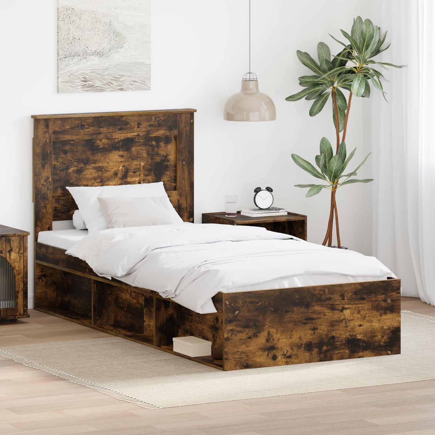 Sengestamme med hodegjerde Røkt eik 90 x 190 cm Massiv furu