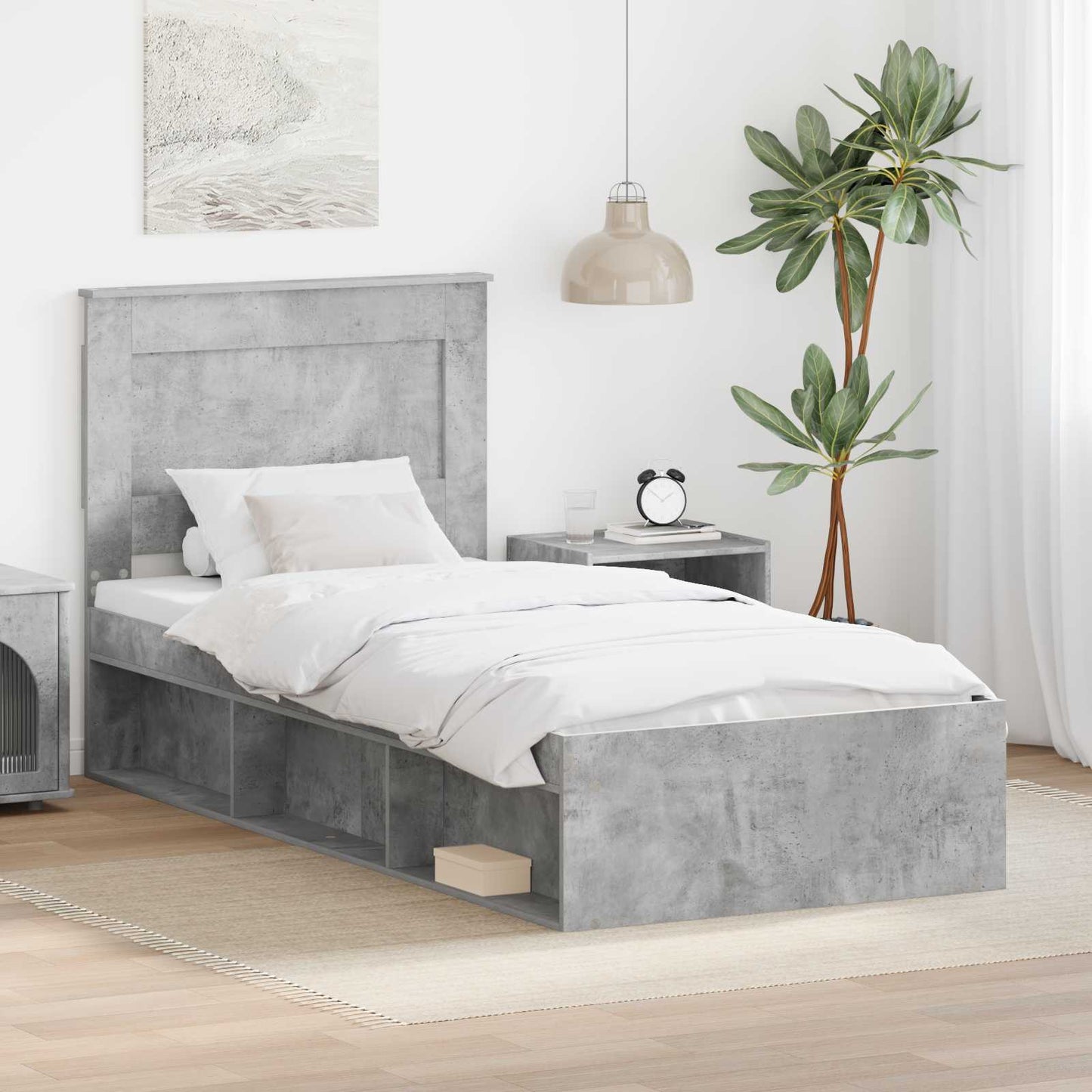 Sengestamme med hodegjerde Betonggrå 75 x 190 cm Massiv furu