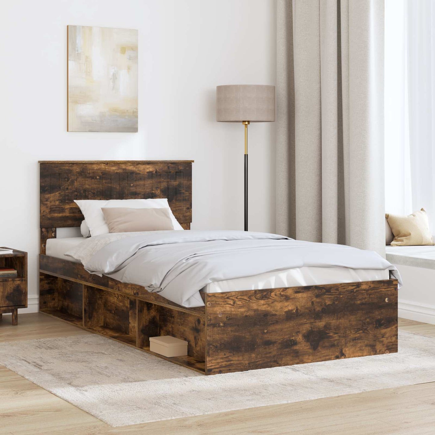 Sengestamme med hodegjerde Røkt eik 100 x 200 cm Massiv furu