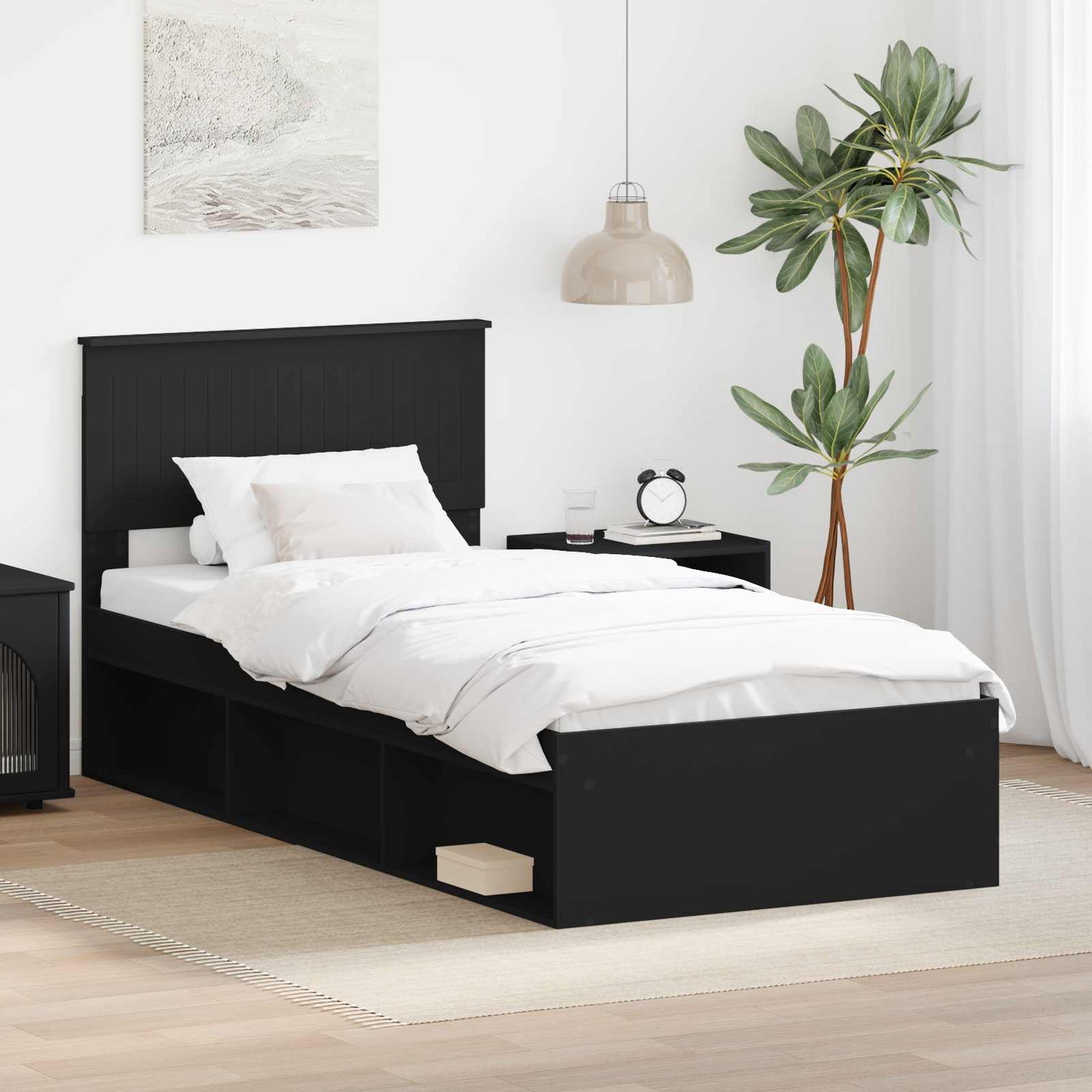 Sengestamme med hodegjerde Svart 90 x 200 cm Massiv furu