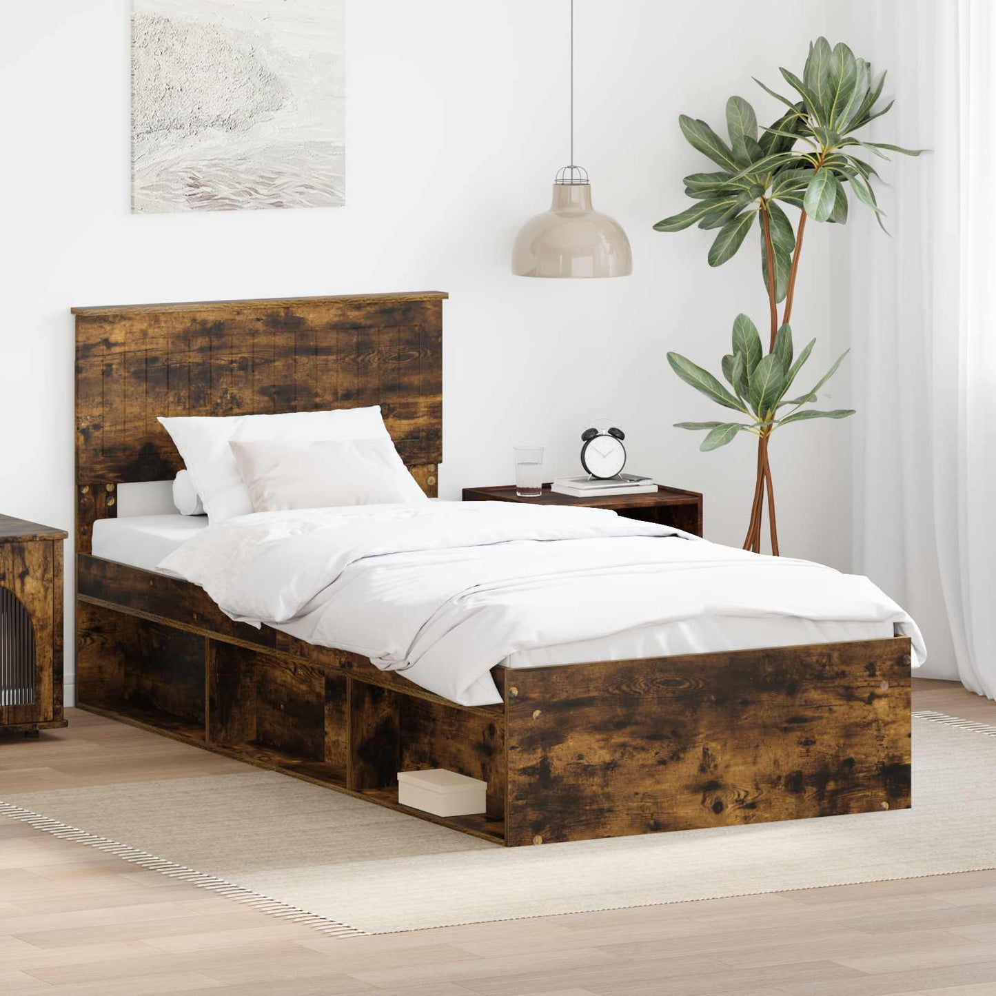 Sengestamme med hodegjerde Røkt eik 90 x 190 cm Massiv furu