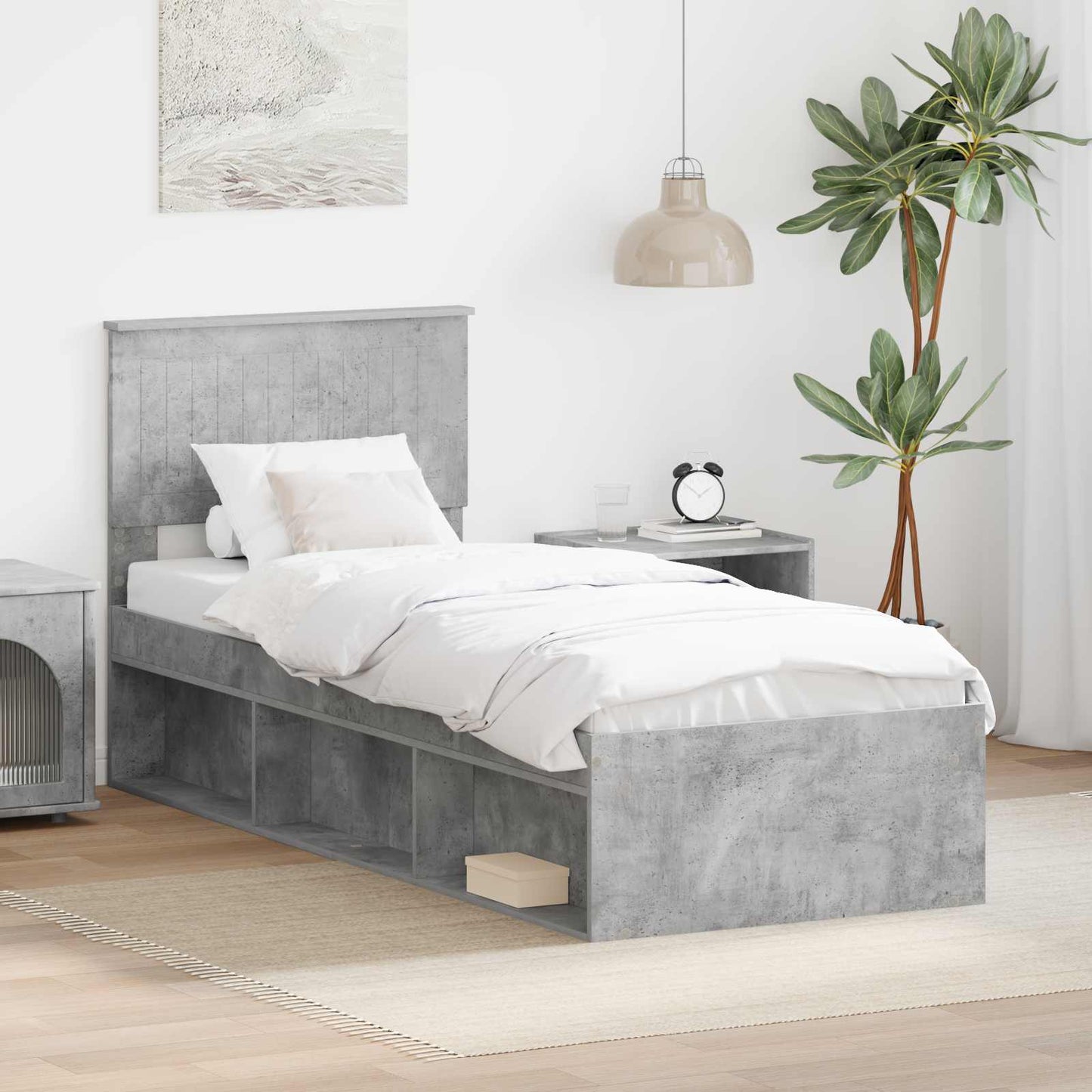Sengestamme med hodegjerde Betonggrå 75 x 190 cm Massiv furu