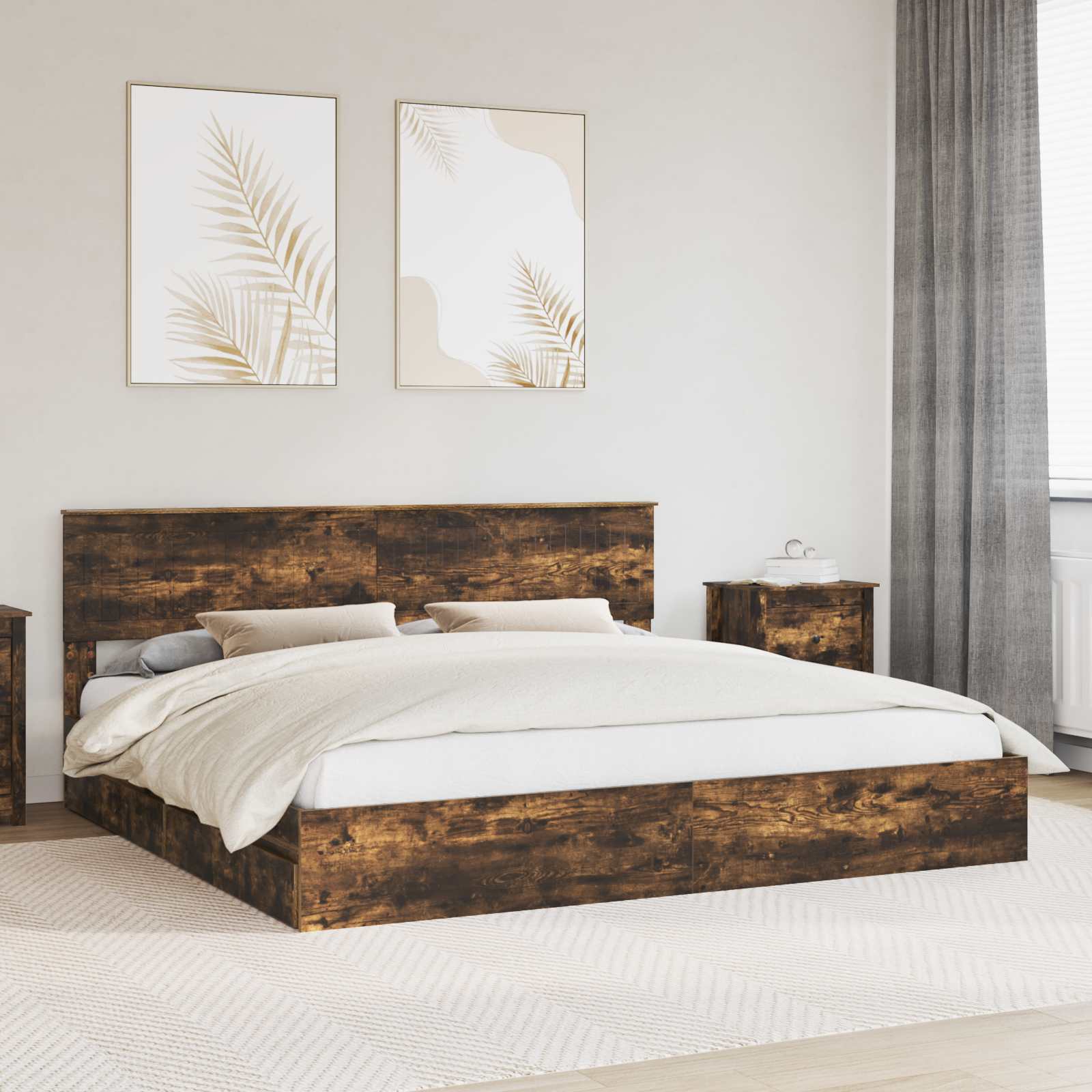 Seng med Oppbevaring Røkt eik 200 x 200 cm Konstruert tre