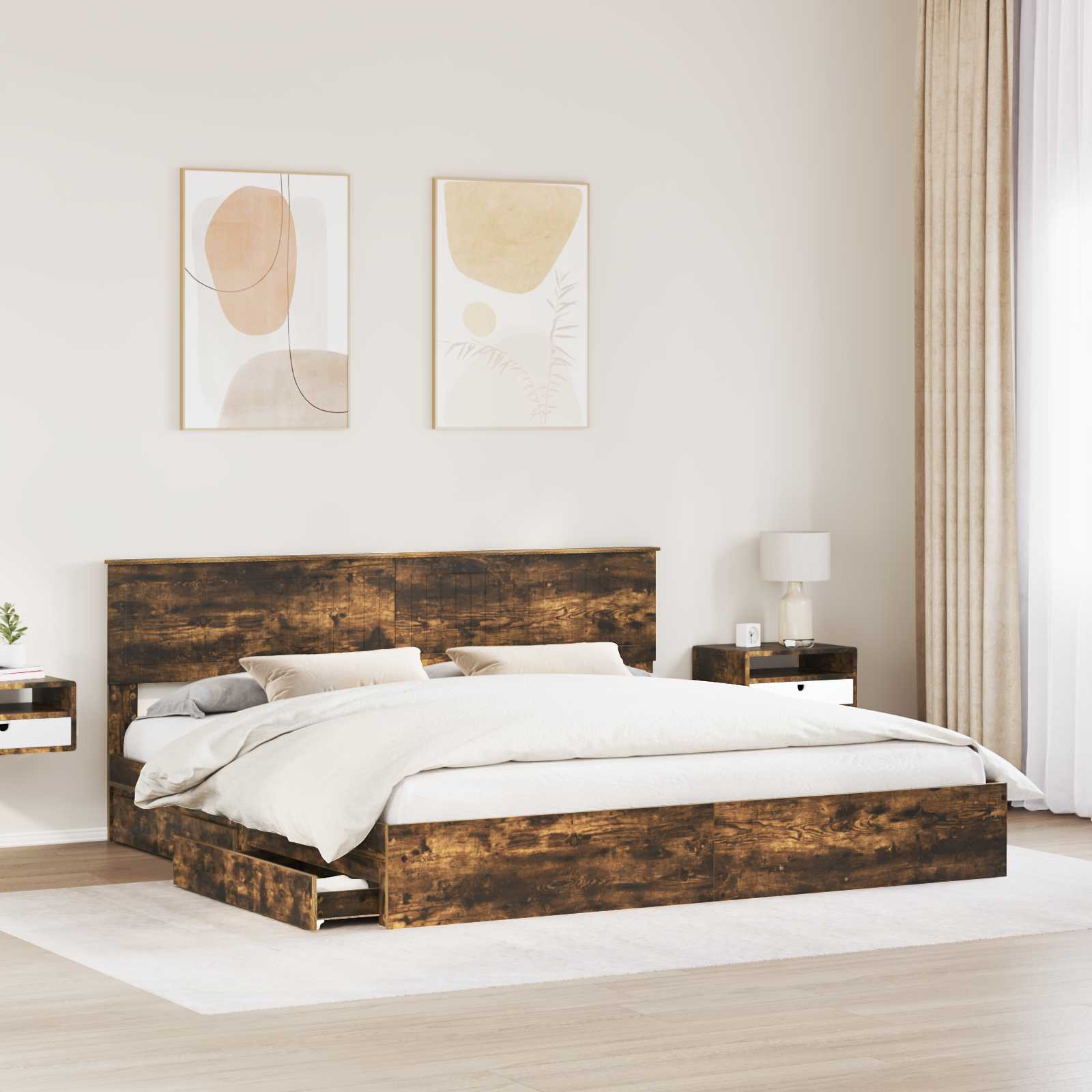 Seng med Oppbevaring Røkt eik 200 x 200 cm Konstruert tre