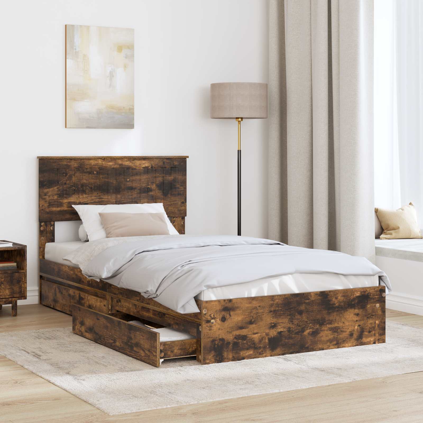 Seng med Oppbevaring Røkt eik 100 x 200 cm Konstruert tre