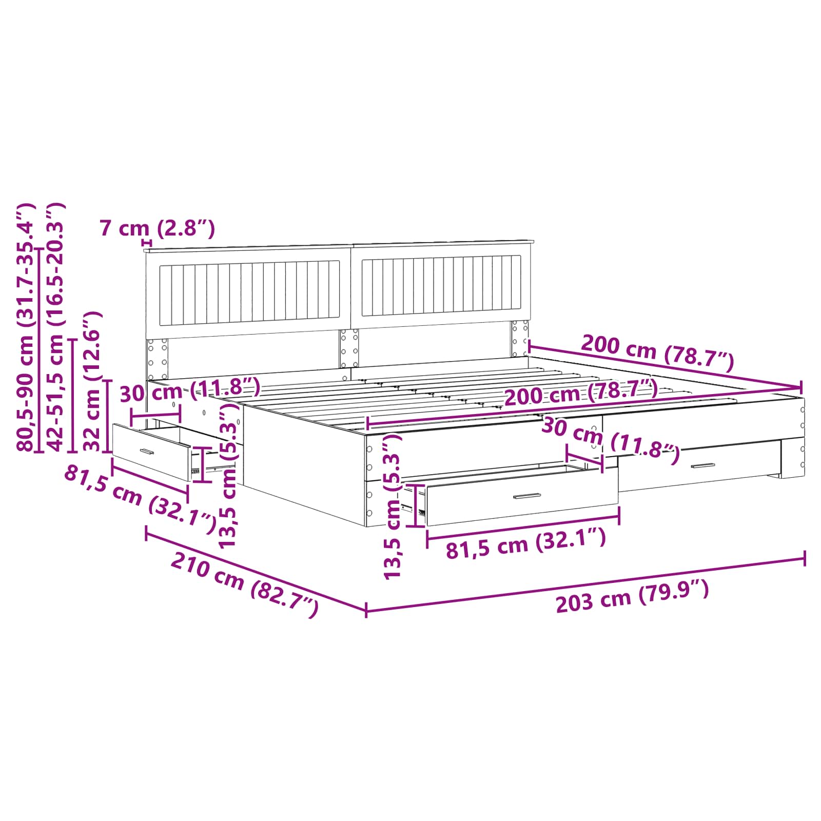 Sengestamme med skuff Grå Sonoma 200 x 200 cm Konstruert tre
