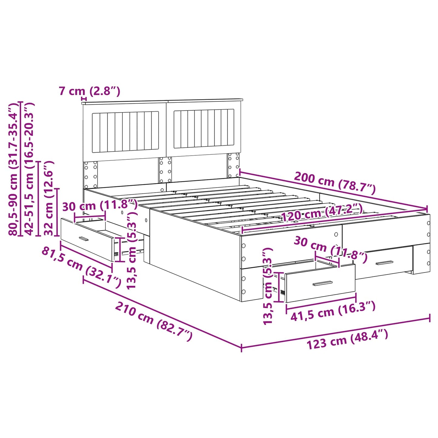 Sengestamme med skuff Sonoma eik 120 x 200 cm Konstruert tre