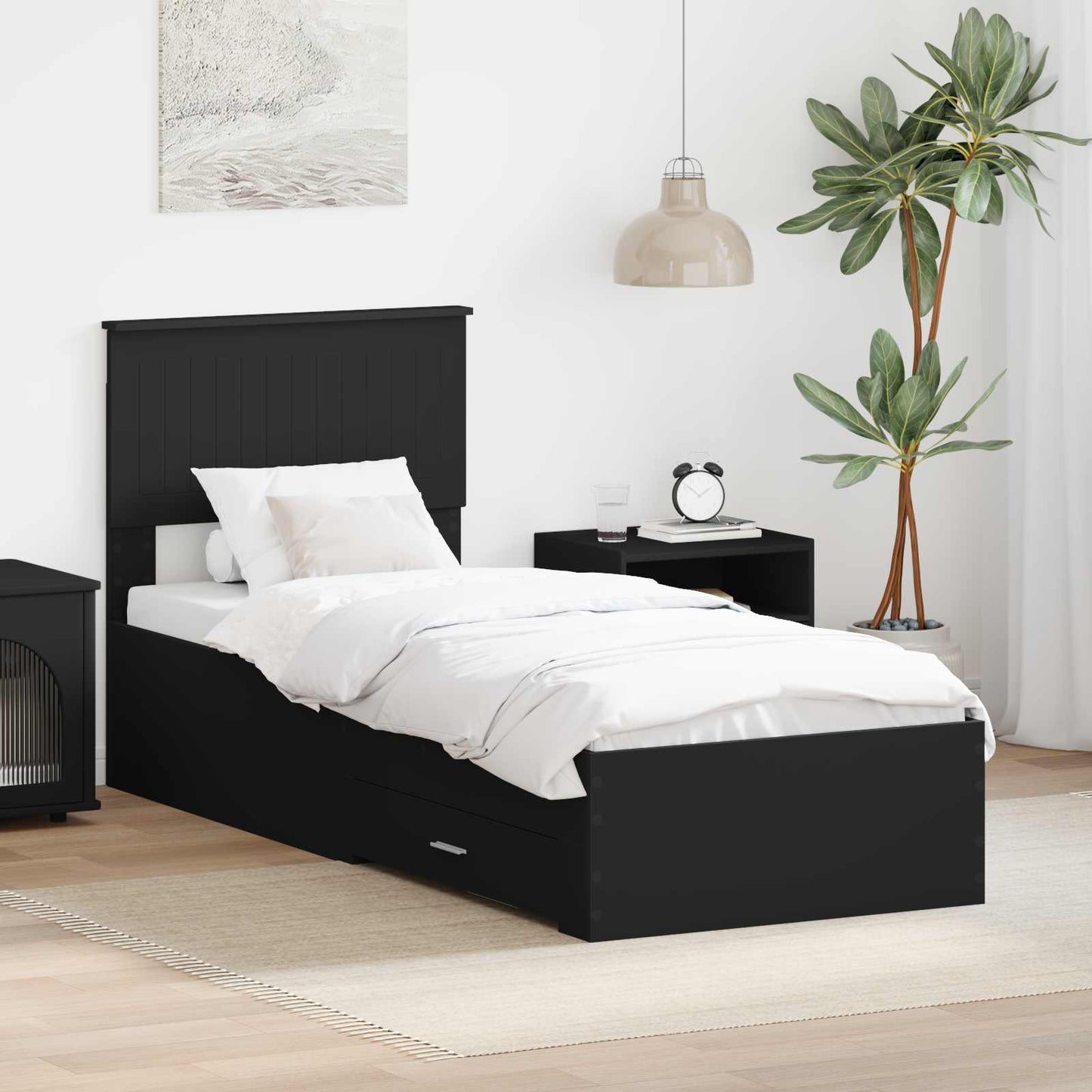 Sengestamme med skuff Svart og sølv 75 x 190 cm Konstruert tre