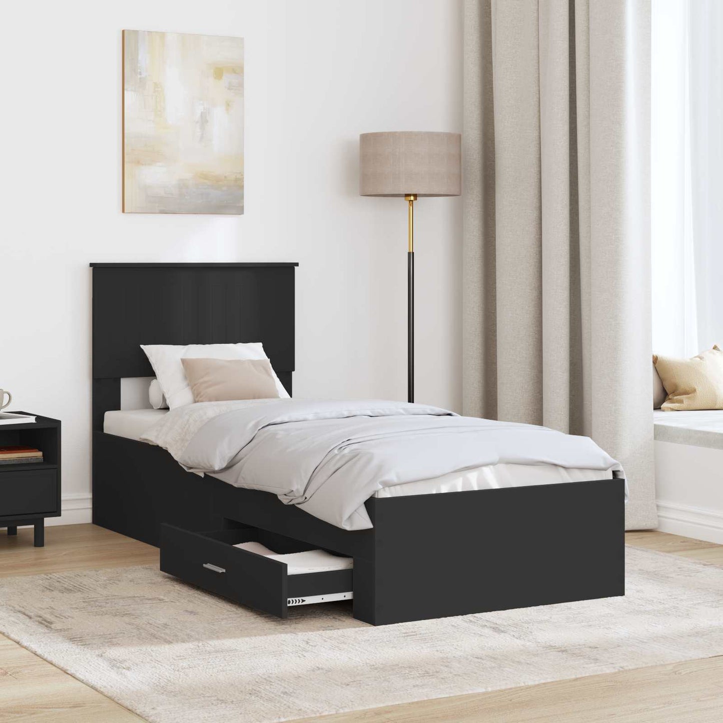 Sengestamme med skuff Svart og sølv 75 x 190 cm Konstruert tre