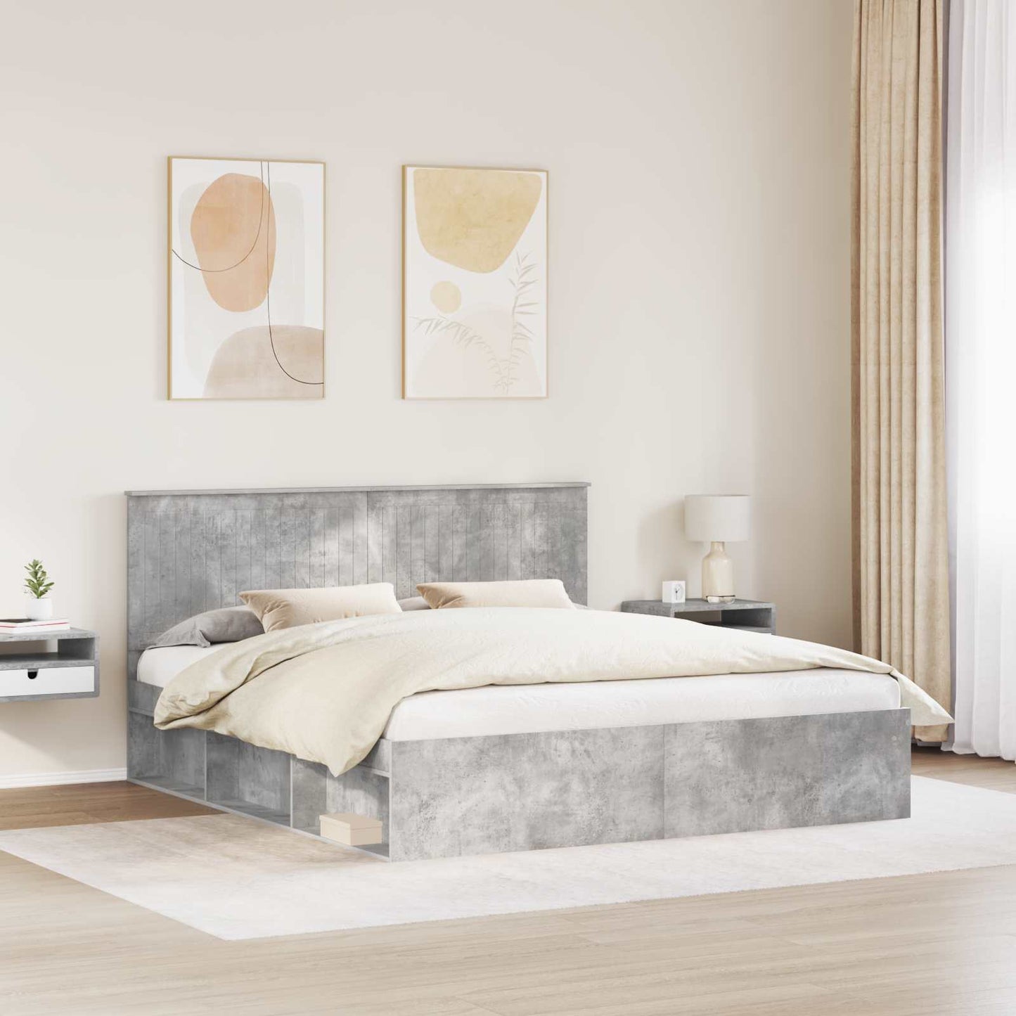 Sengestamme med hodegjerde Betong 180 x 200 cm Massiv furu
