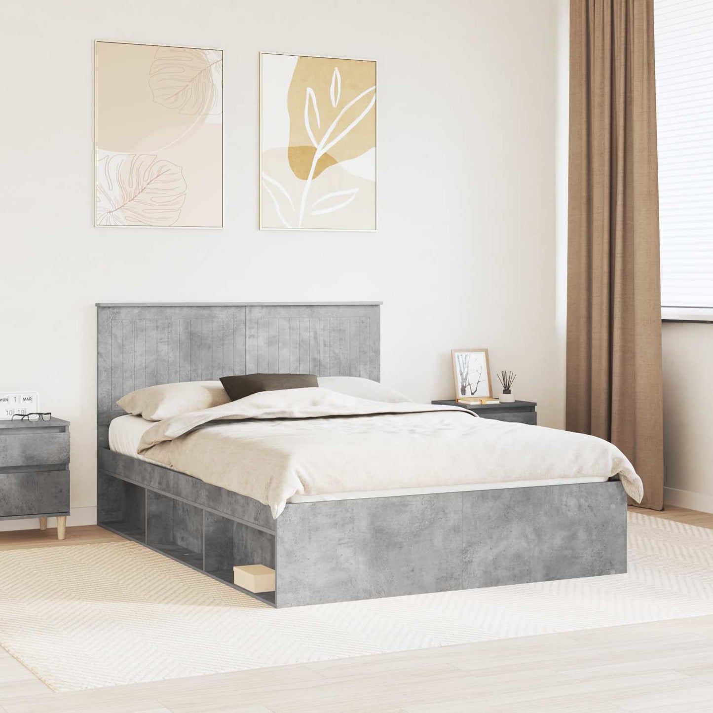 Sengestamme med hodegjerde Betong 140 x 190 cm Massiv furu