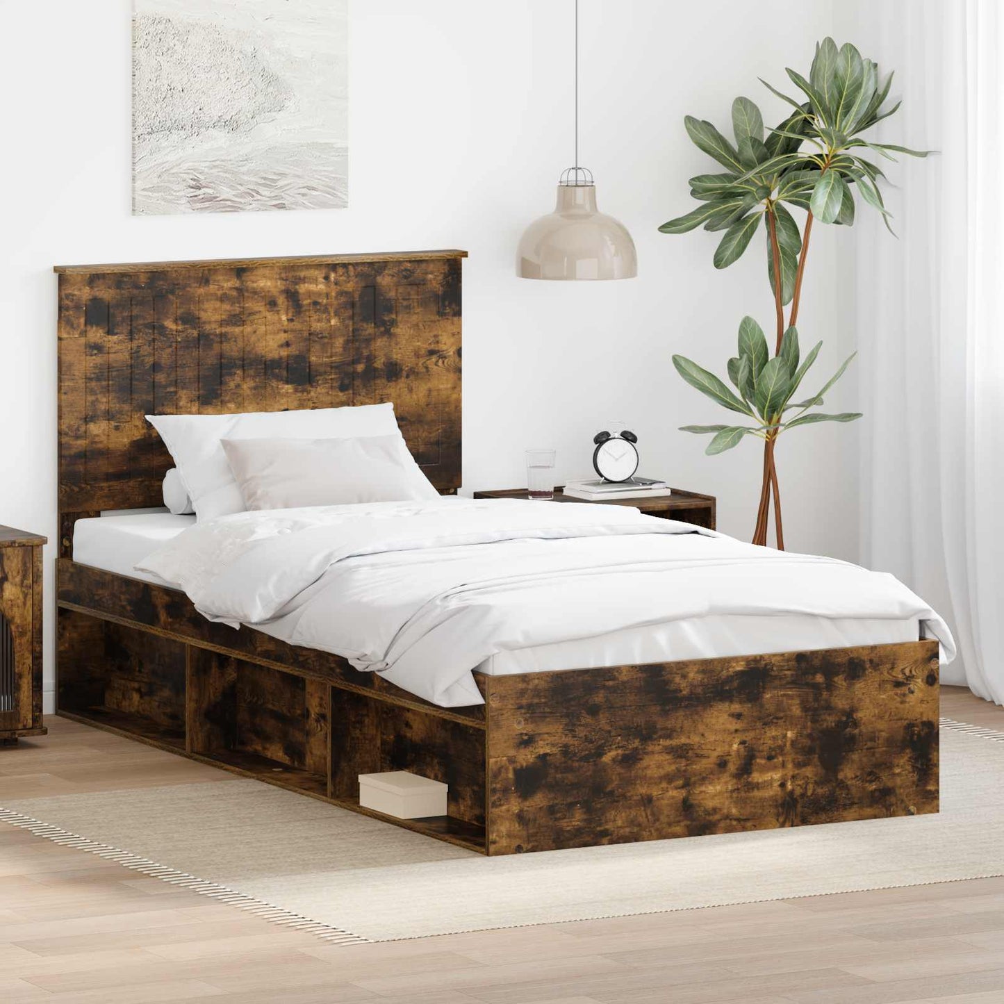 Sengestamme med hodegjerde Røkt eik 100 x 200 cm Massiv furu