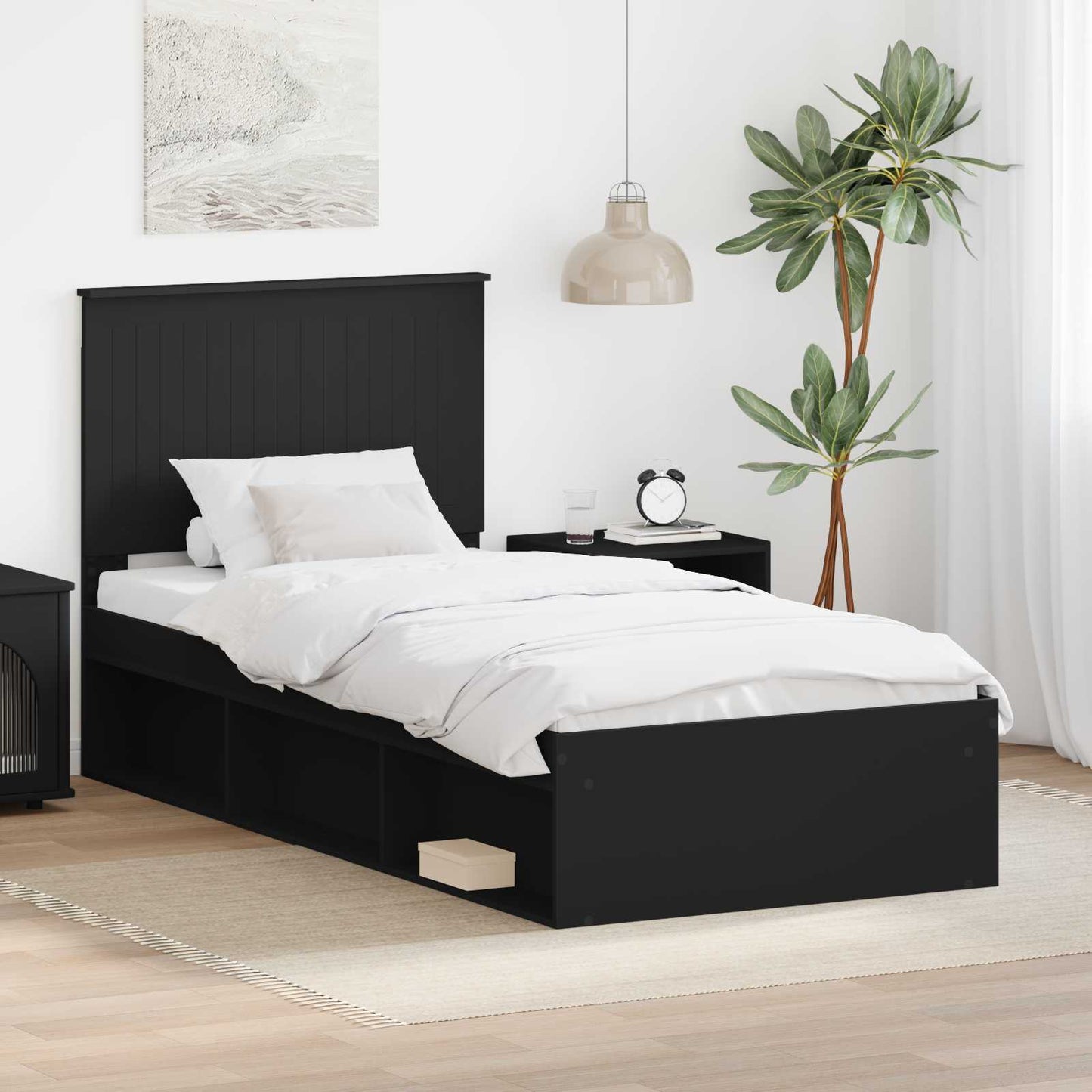 Sengestamme med hodegjerde Svart 90 x 200 cm Massiv furu