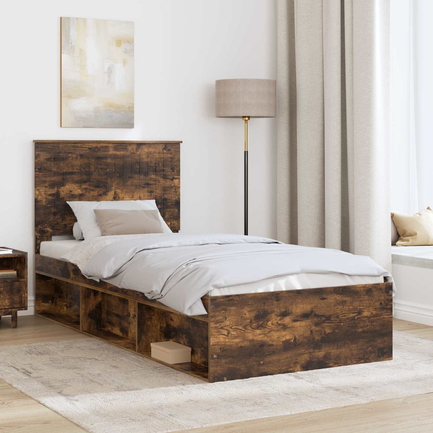 Sengestamme med hodegjerde Røkt eik 90 x 200 cm Massiv furu