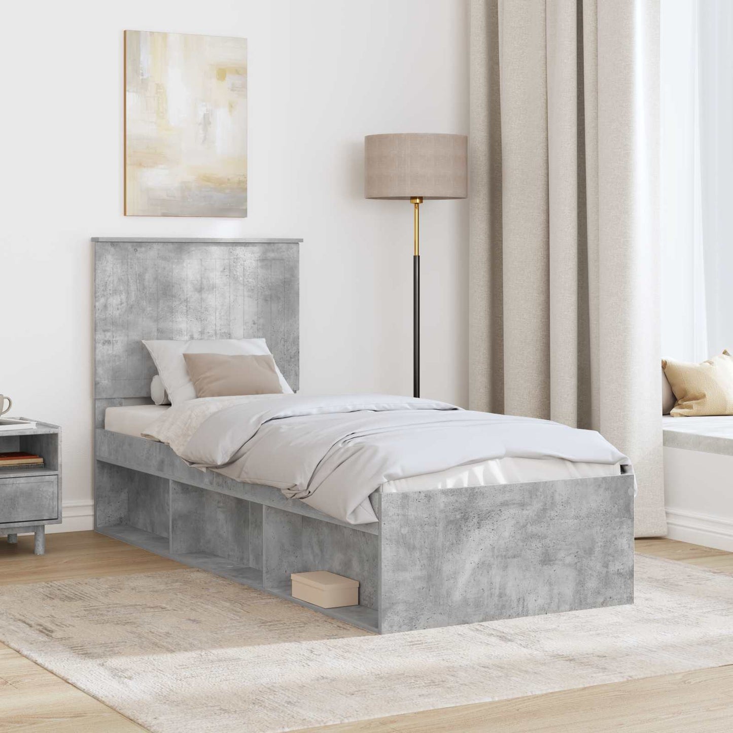 Sengestamme med hodegjerde Betonggrå 75 x 190 cm Massiv furu
