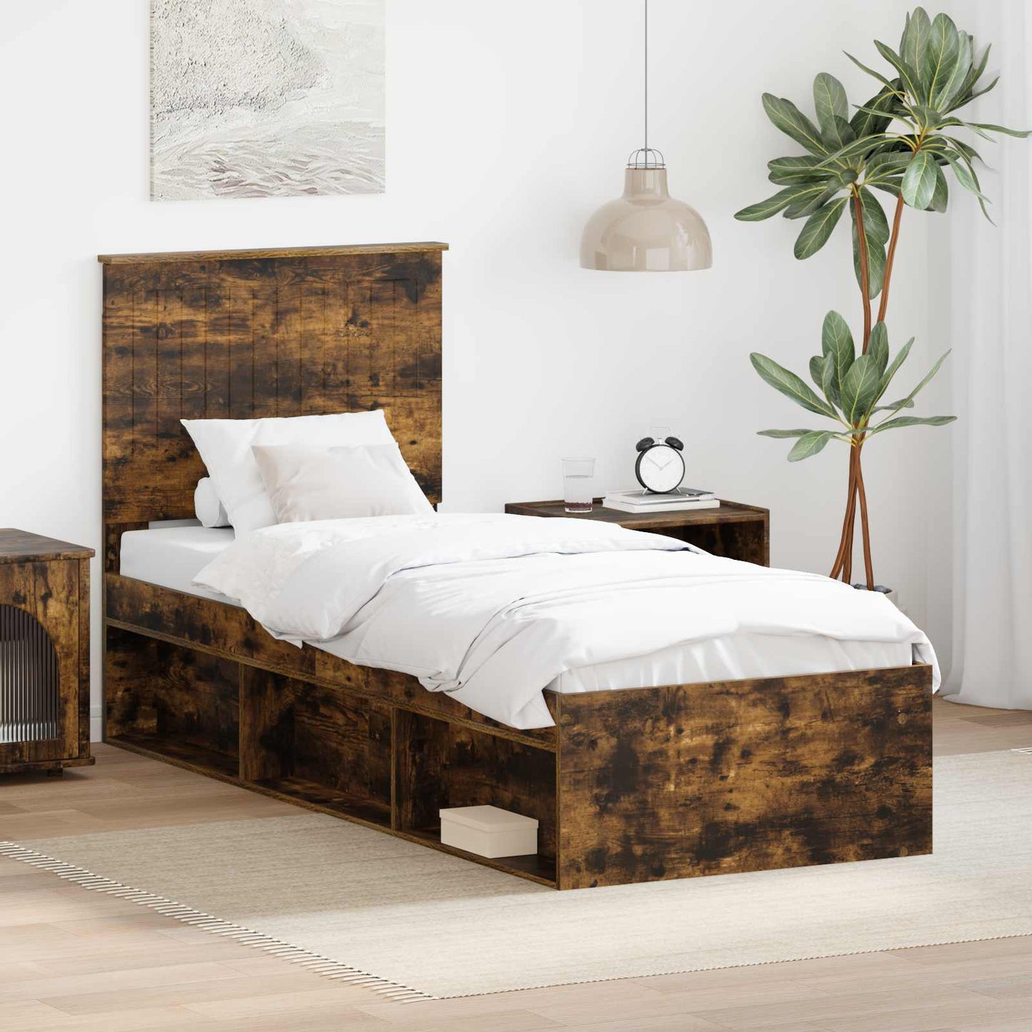 Sengestamme med hodegjerde Røkt eik 75 x 190 cm Massiv furu