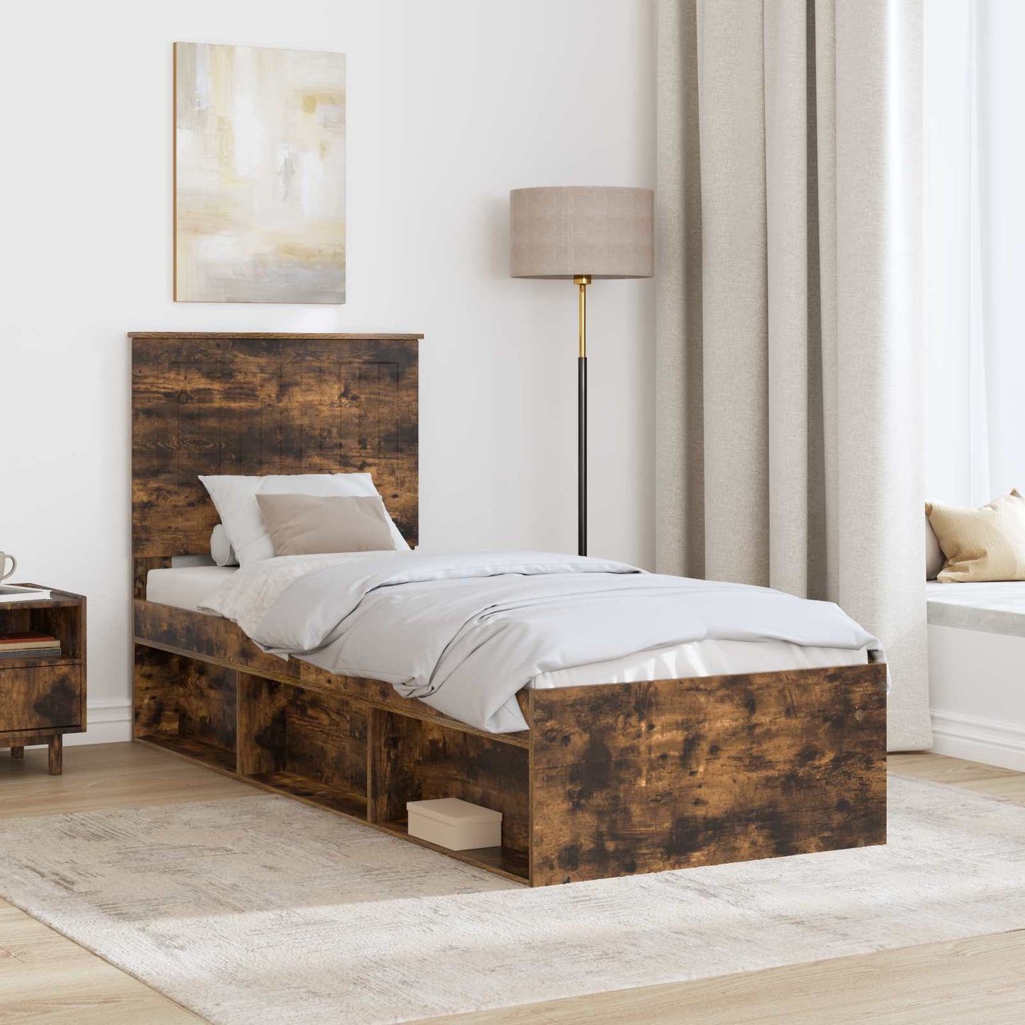 Sengestamme med hodegjerde Røkt eik 75 x 190 cm Massiv furu