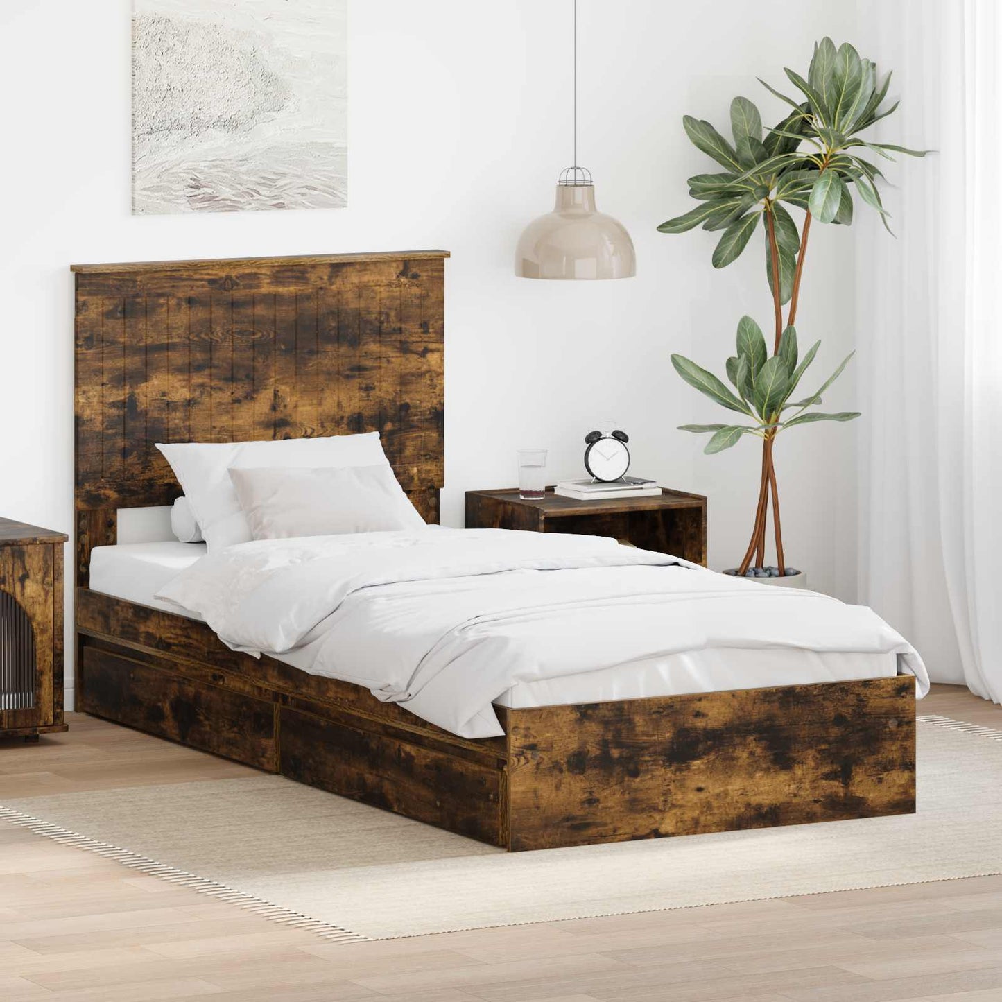Seng med Oppbevaring Røkt eik 90 x 190 cm Konstruert tre
