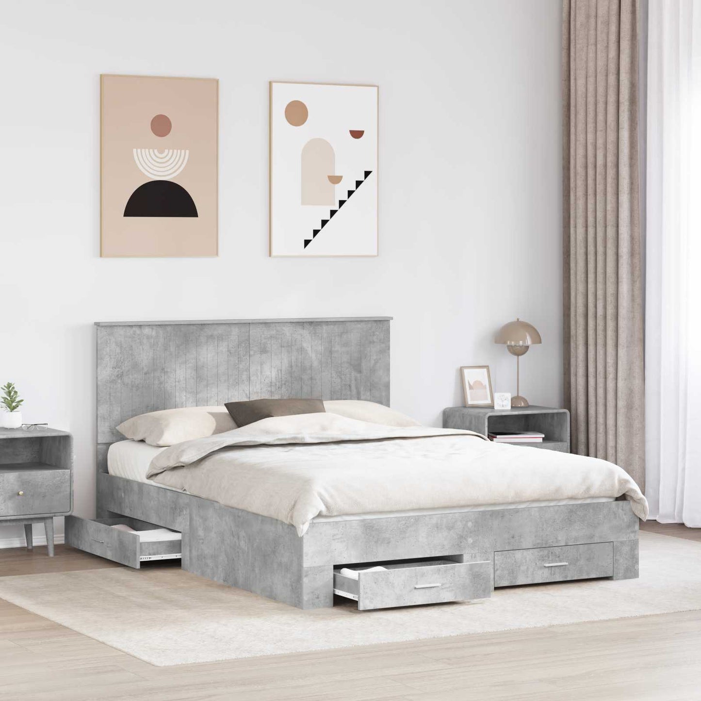 Sengestamme med skuff Betonggrå 150 x 200 cm Konstruert tre