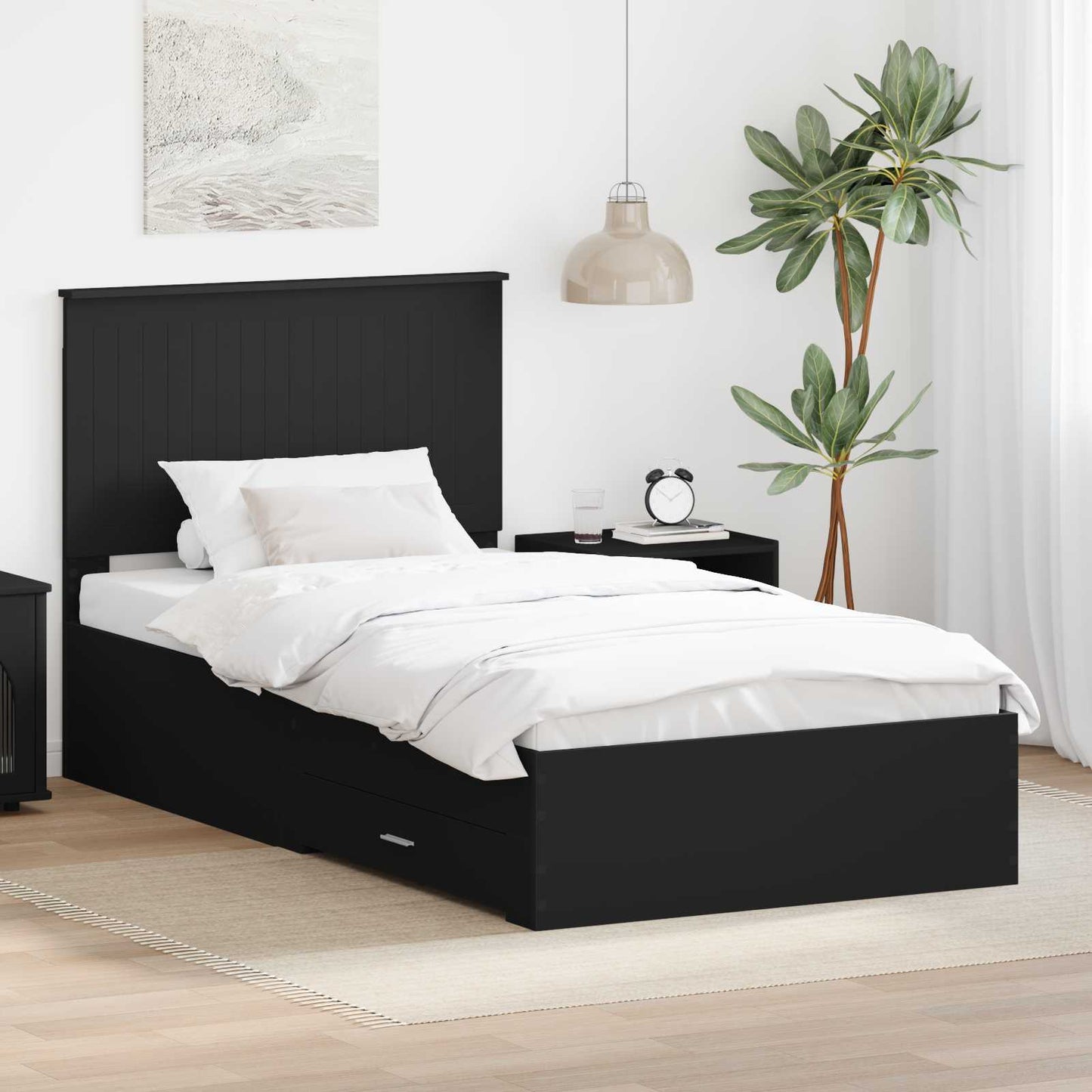 Sengestamme med skuff Svart og sølv 90 x 200 cm Konstruert tre