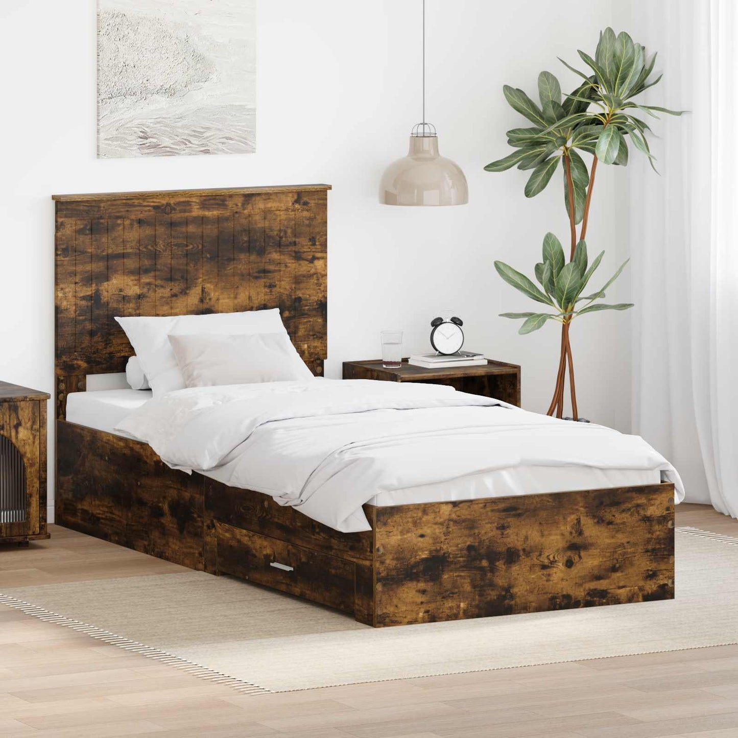 Sengestamme med hodegjerde Røkt eik 90 x 200 cm Konstruert tre
