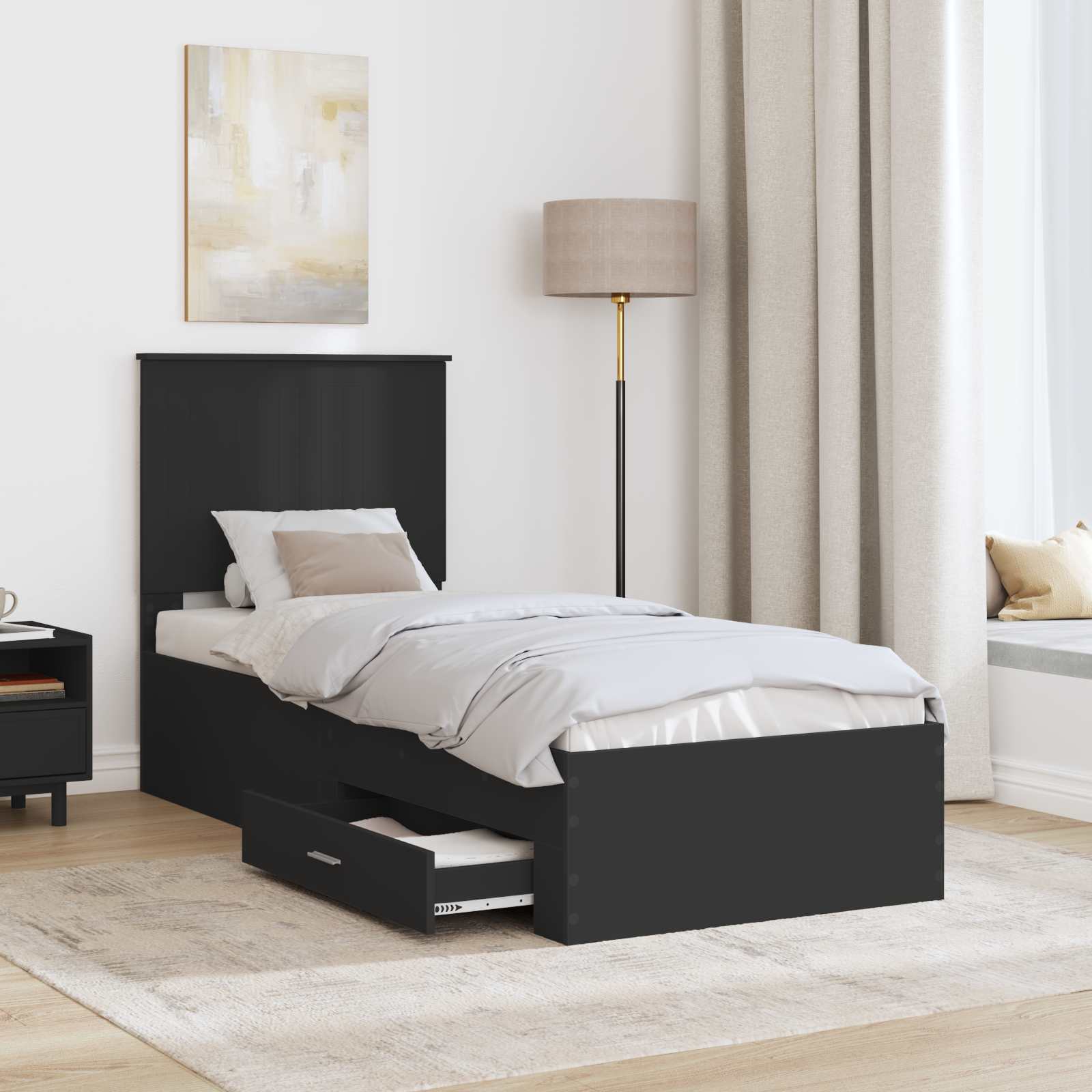 Sengestamme med skuff Svart og sølv 75 x 190 cm Konstruert tre