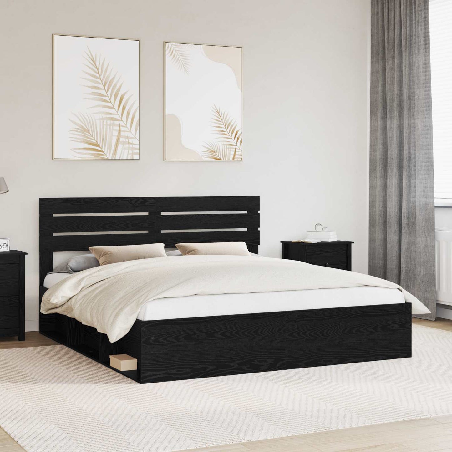 Sengestamme med hodegjerde Svart 200 x 200 cm Massiv furu