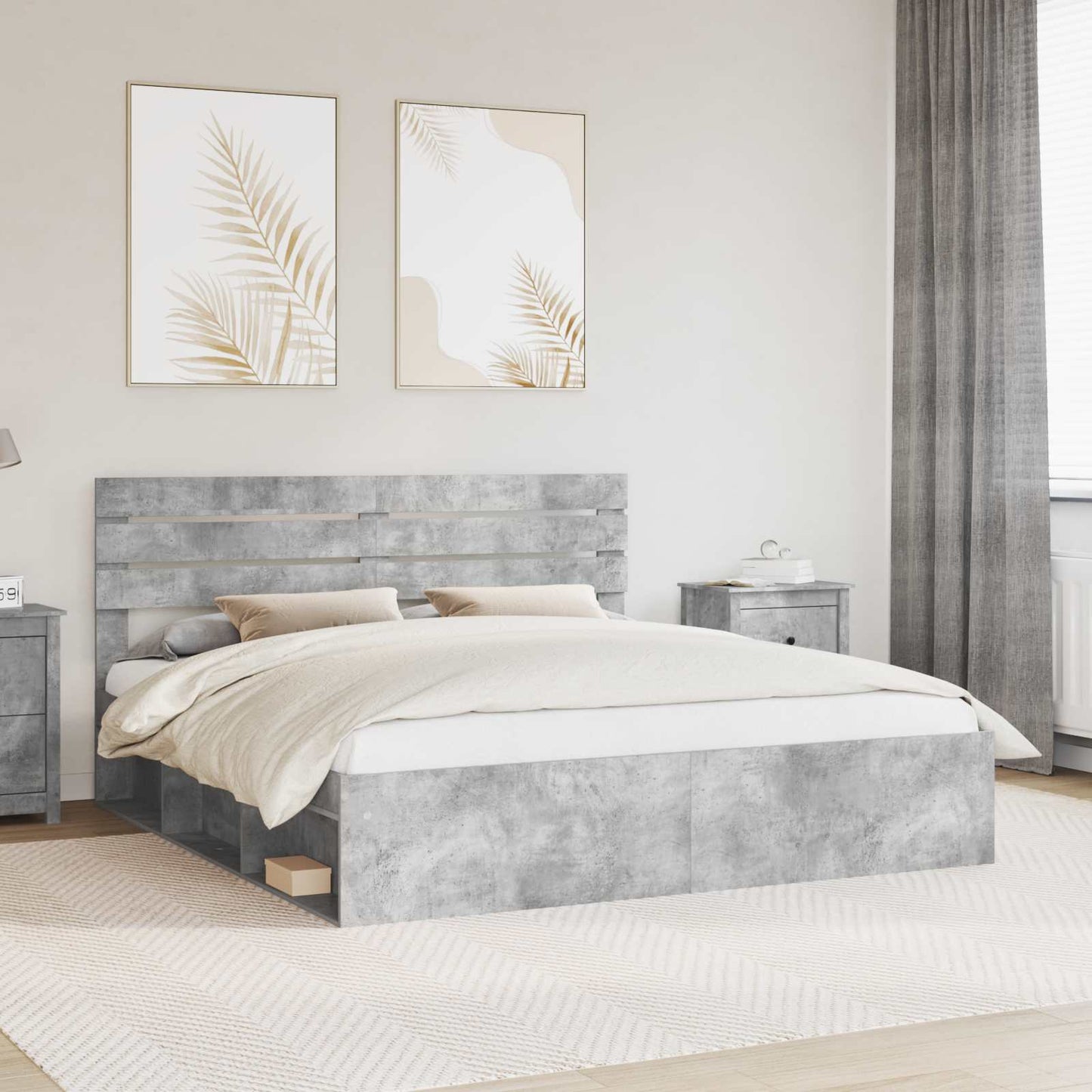 Sengestamme med hodegjerde Betong 180 x 200 cm Massiv furu