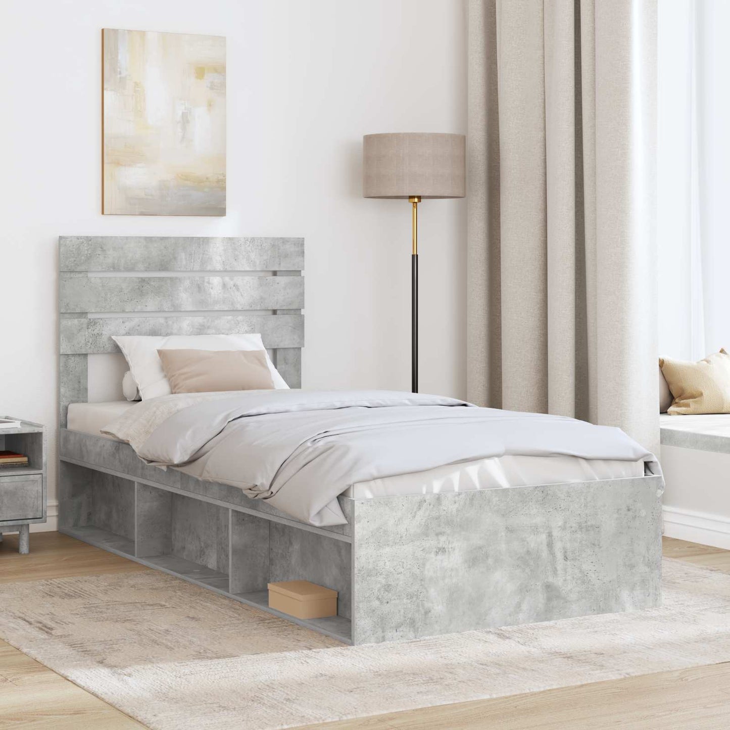 Sengestamme med hodegjerde Betonggrå 100 x 200 cm Massiv furu