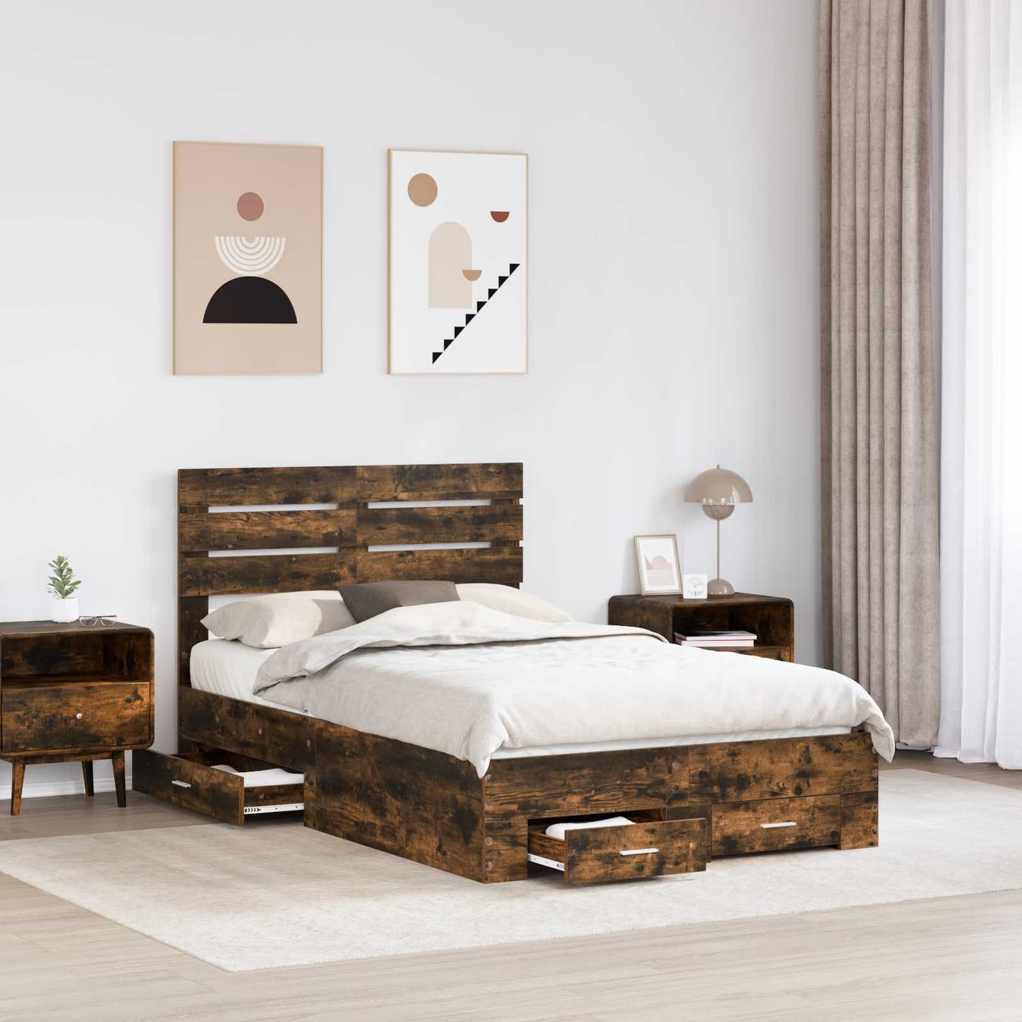 Sengestamme med hodegjerde Røkt eik 135 x 190 cm Konstruert tre