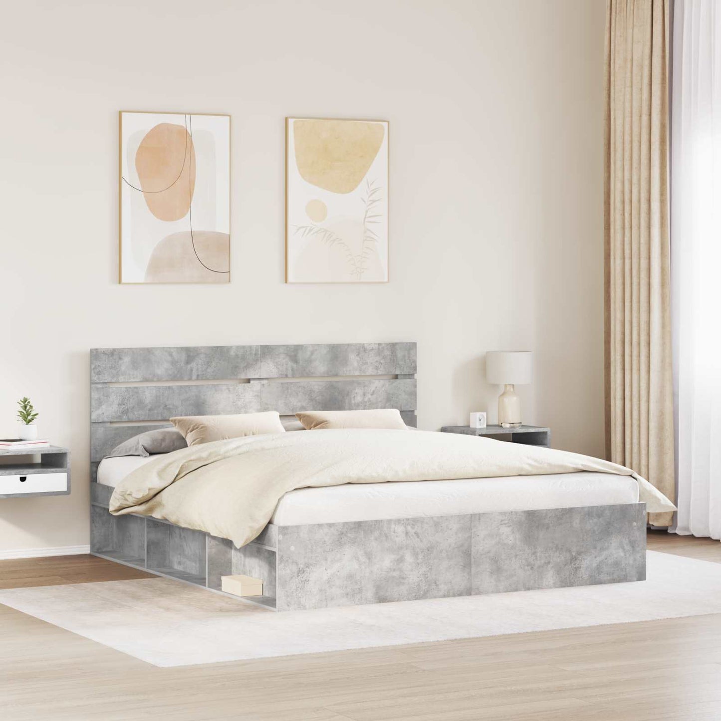 Sengestamme med hodegjerde Betong 180 x 200 cm Massiv furu